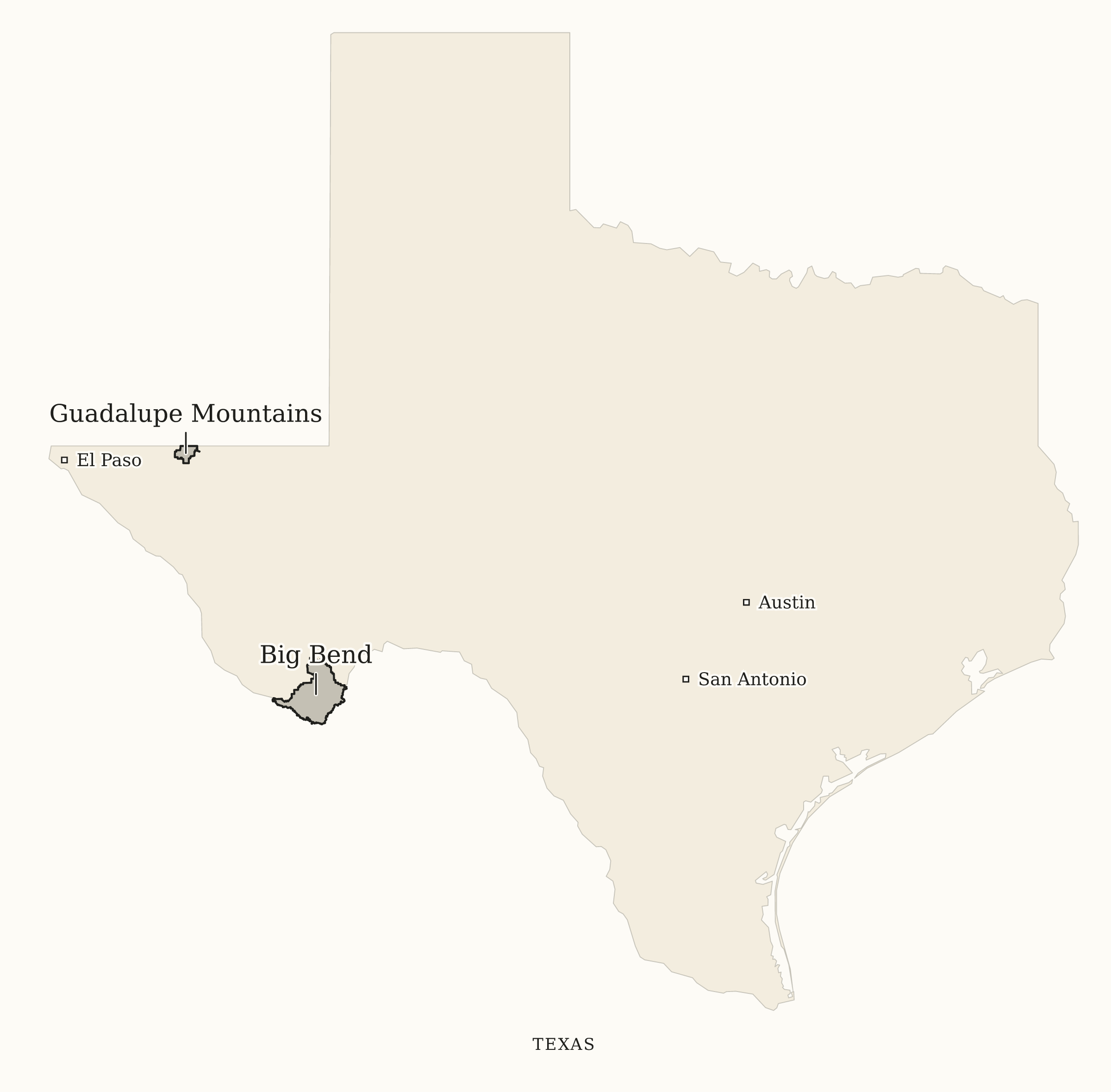 Texas National Parks map: print-friendly map, showing 2 locations: Big Bend, Guadalupe Mountains