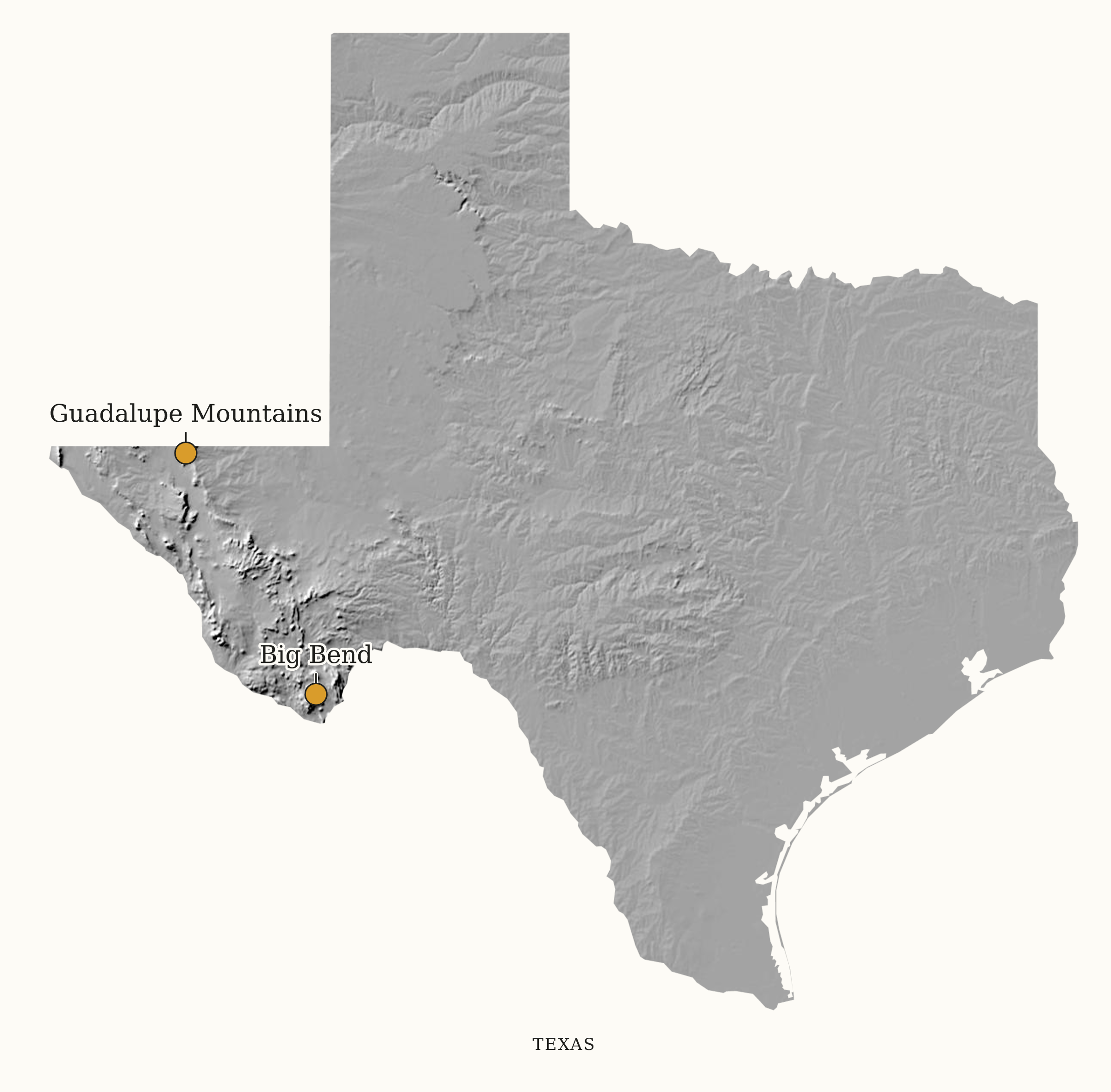 Texas National Parks map: shaded relief map, showing 2 locations: Big Bend, Guadalupe Mountains