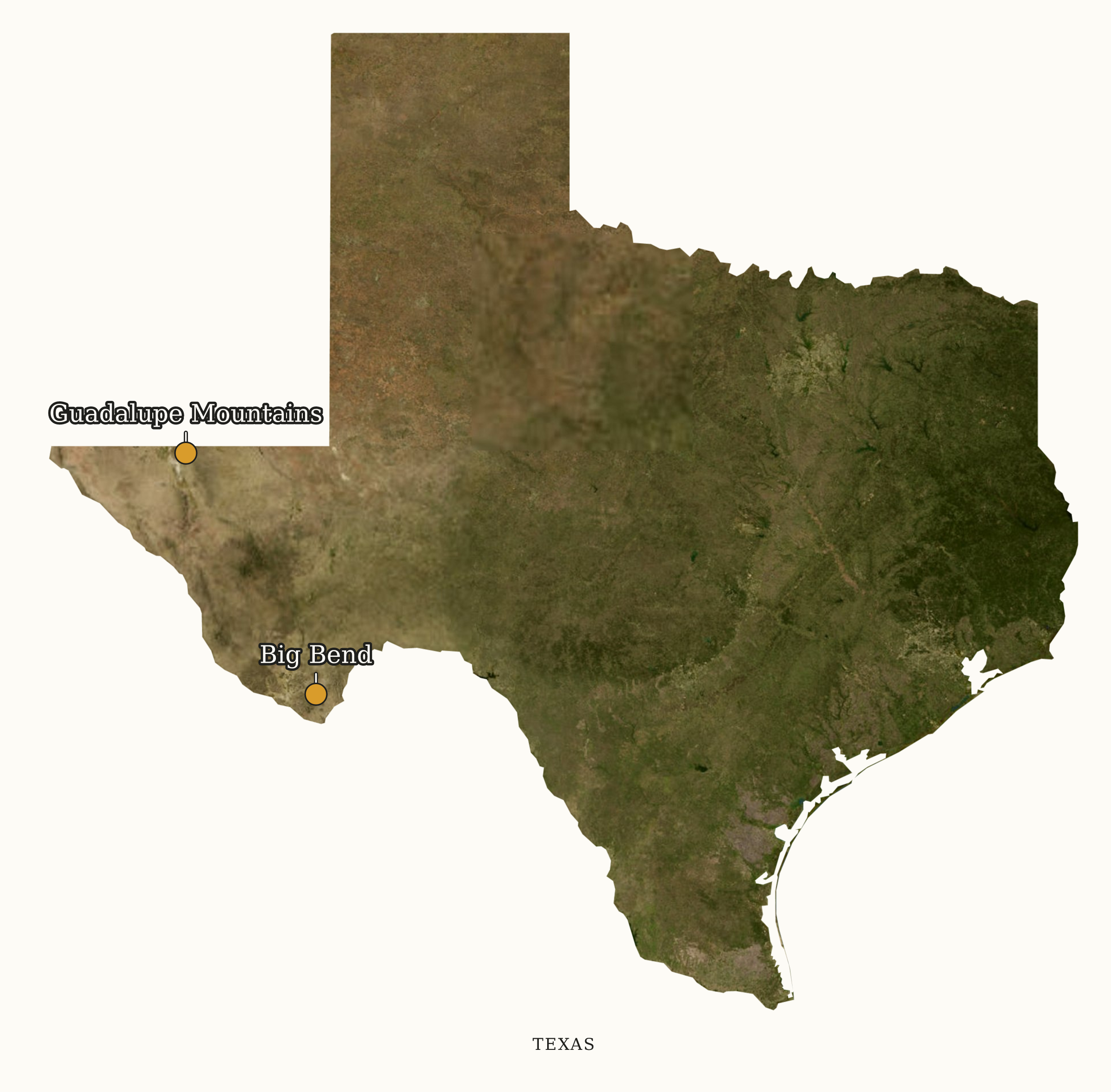 Texas National Parks map: labeled satellite map, showing 2 locations: Big Bend, Guadalupe Mountains