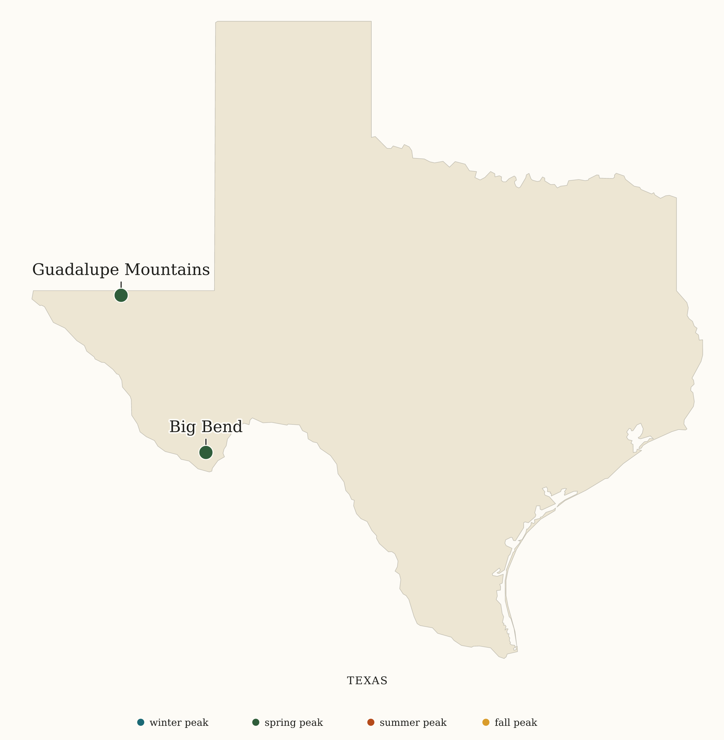 Texas National Parks map: busiest-season map, showing 2 locations: Big Bend, Guadalupe Mountains