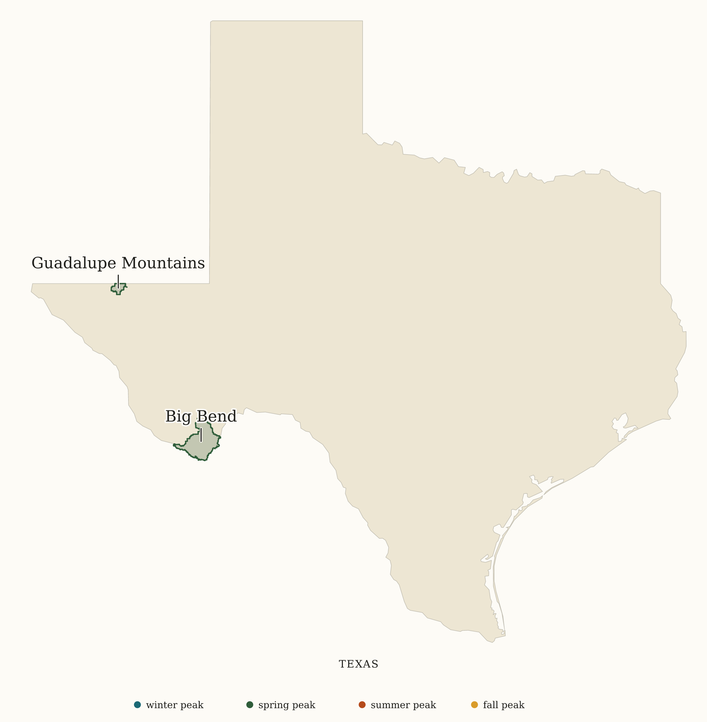 Texas National Parks map: busiest-season map, showing 2 locations: Big Bend, Guadalupe Mountains