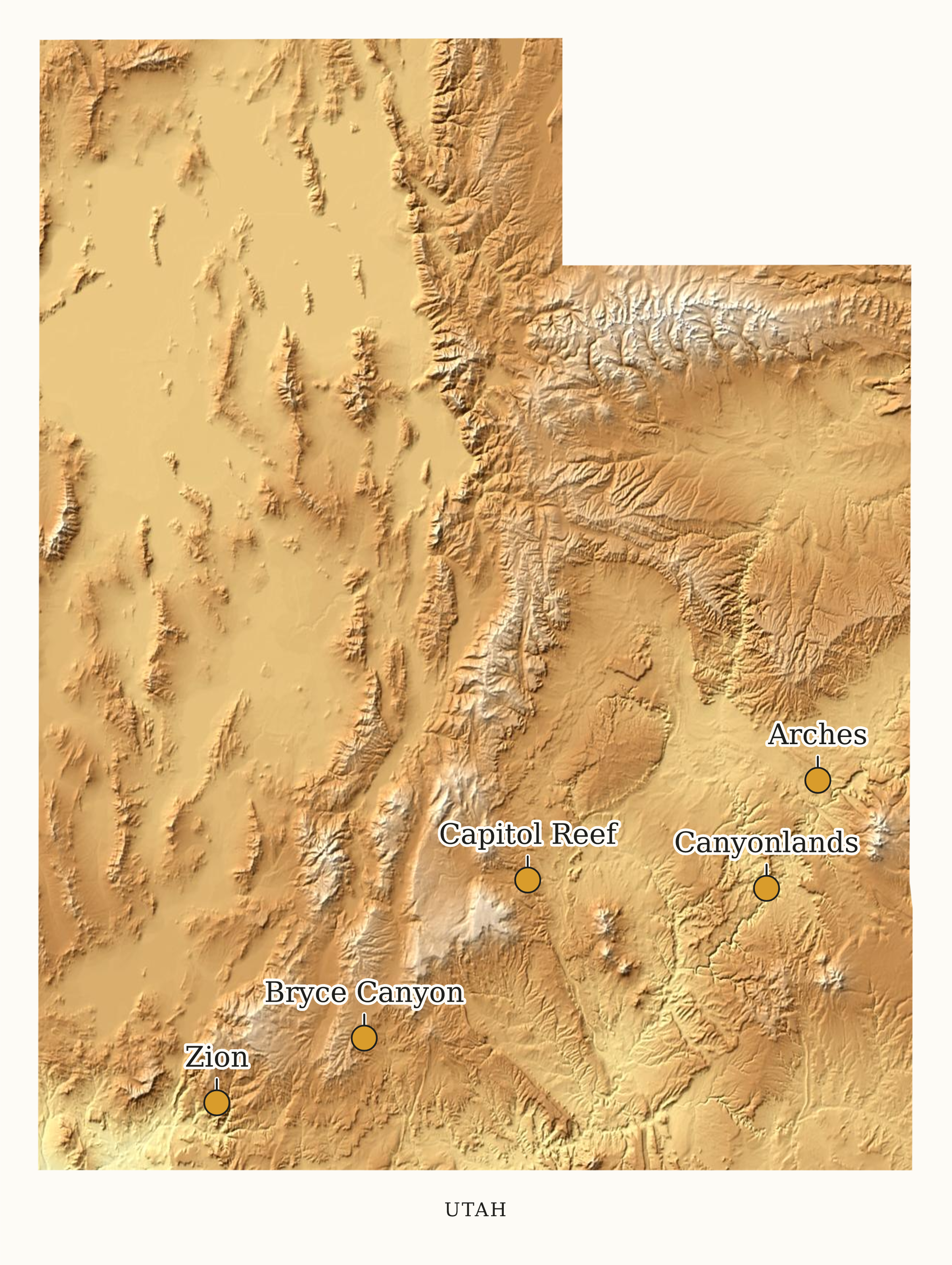 Utah National Parks map: elevation tint map, showing 5 locations: Arches, Bryce Canyon, Canyonlands, Capitol Reef, Zion