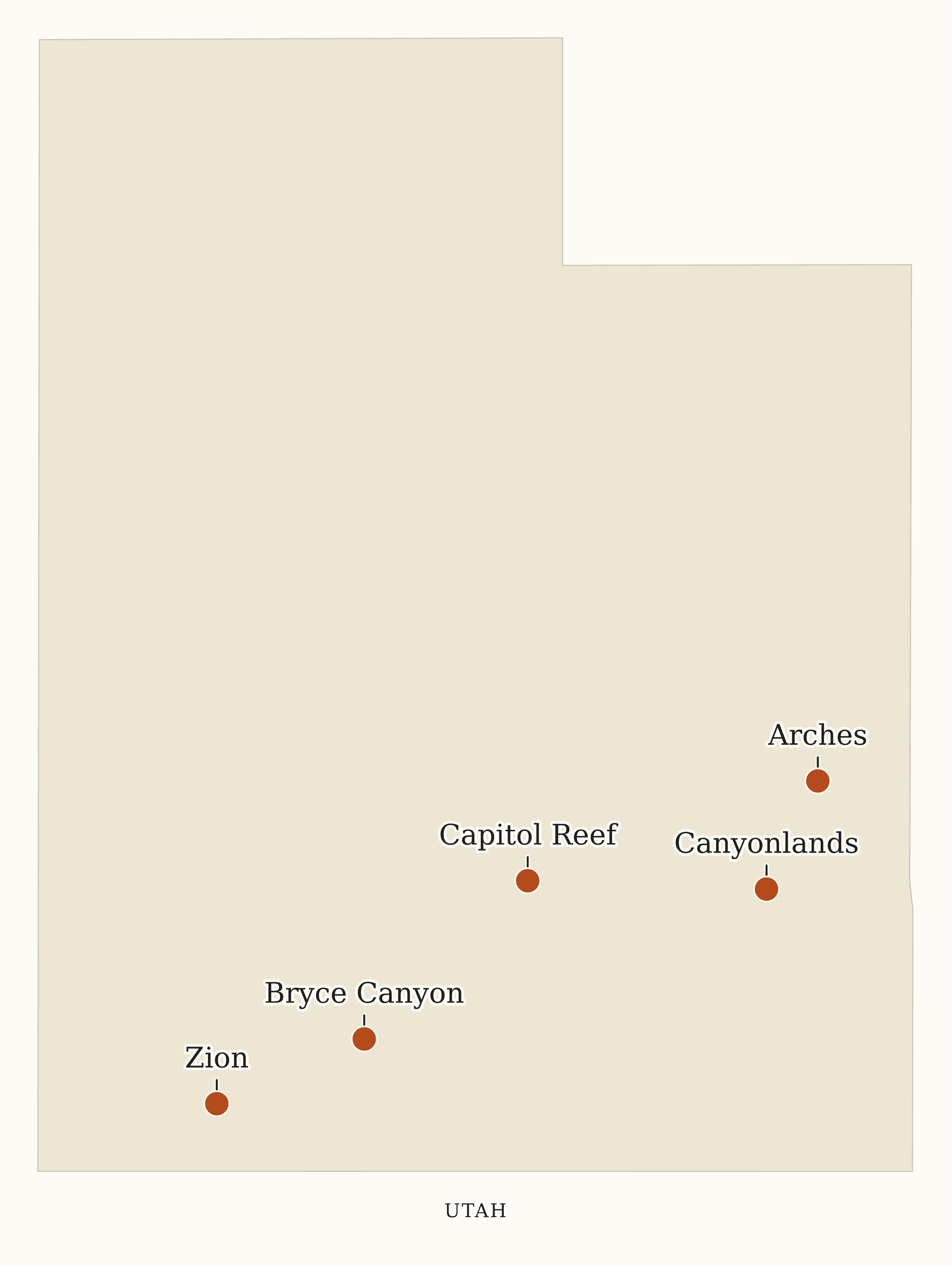 Utah National Parks map: map with place names, showing 5 locations: Arches, Bryce Canyon, Canyonlands, Capitol Reef, Zion