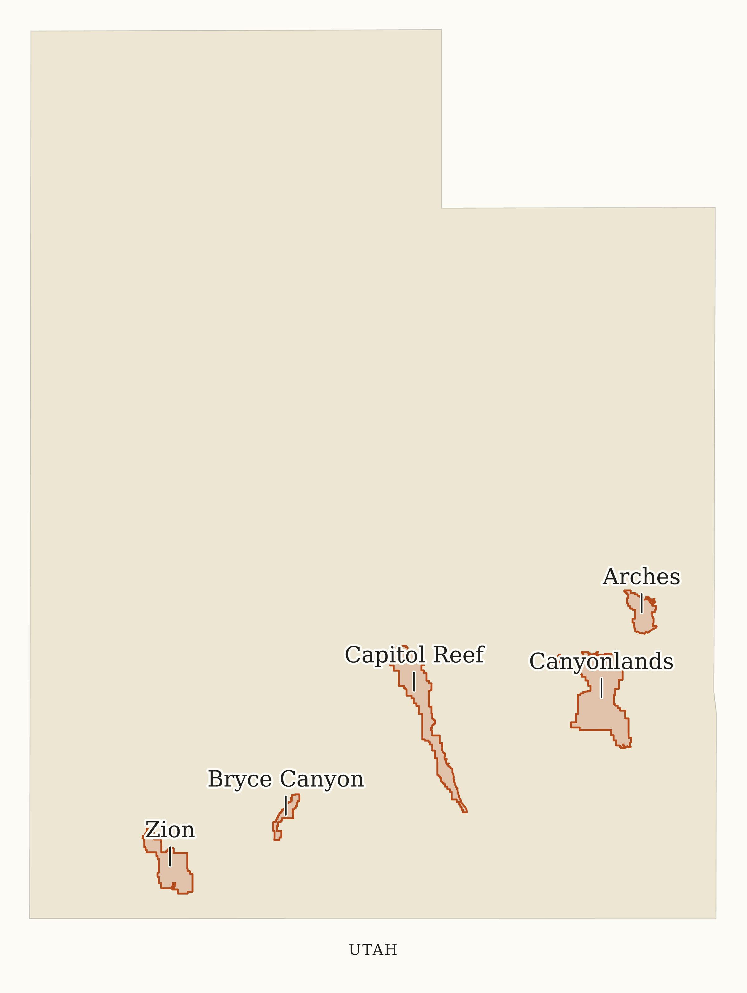 Utah National Parks map: map with place names, showing 5 locations: Arches, Bryce Canyon, Canyonlands, Capitol Reef, Zion