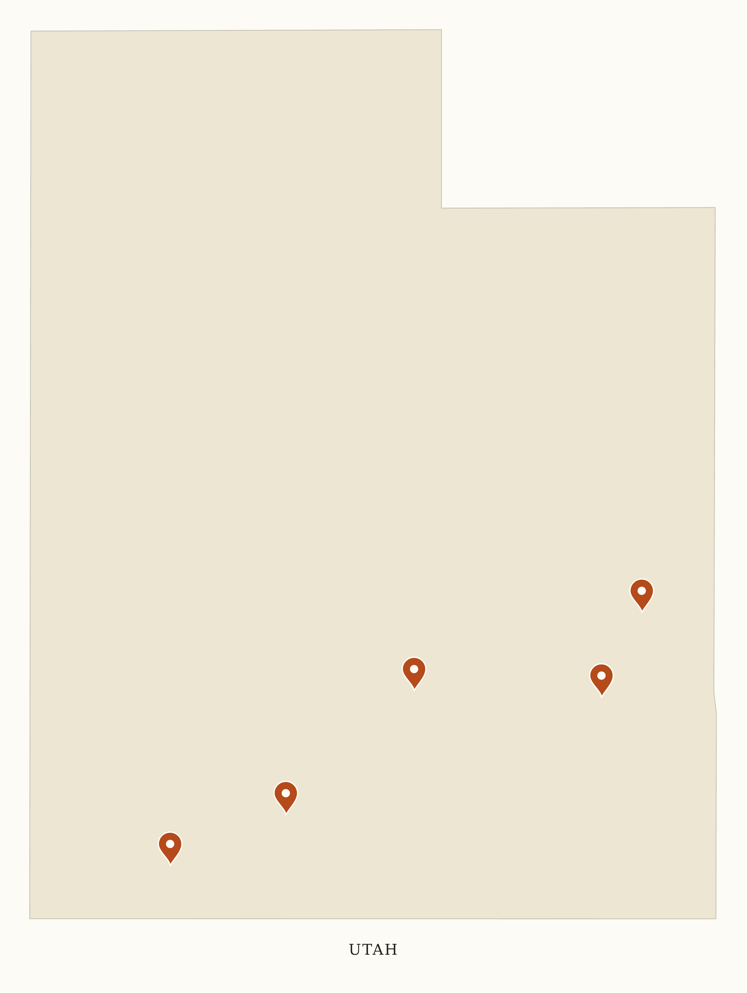 Utah National Parks map: clean pin map, showing 5 locations: Arches, Bryce Canyon, Canyonlands, Capitol Reef, Zion