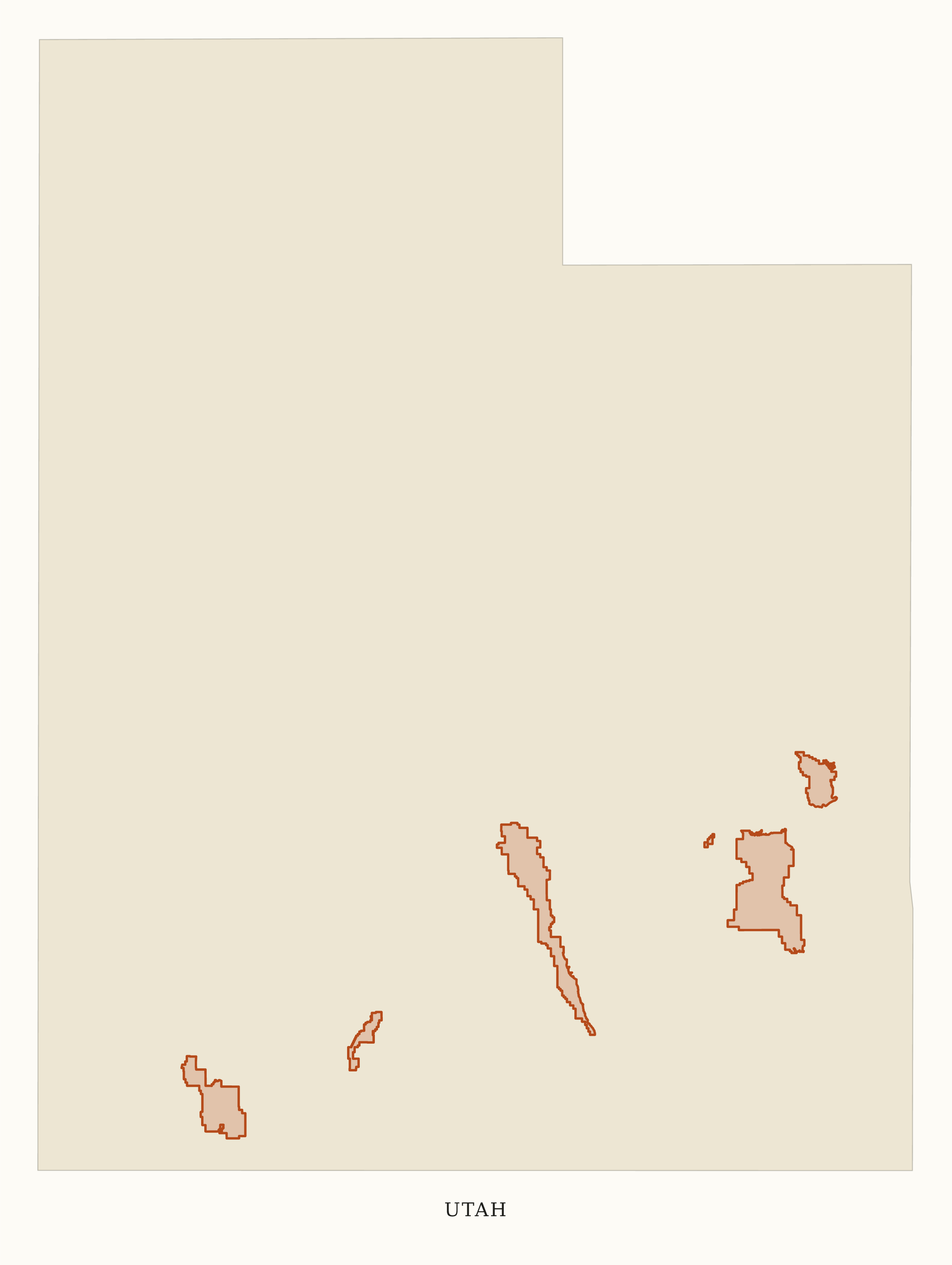 Utah National Parks map: clean area map, showing 5 locations: Arches, Bryce Canyon, Canyonlands, Capitol Reef, Zion