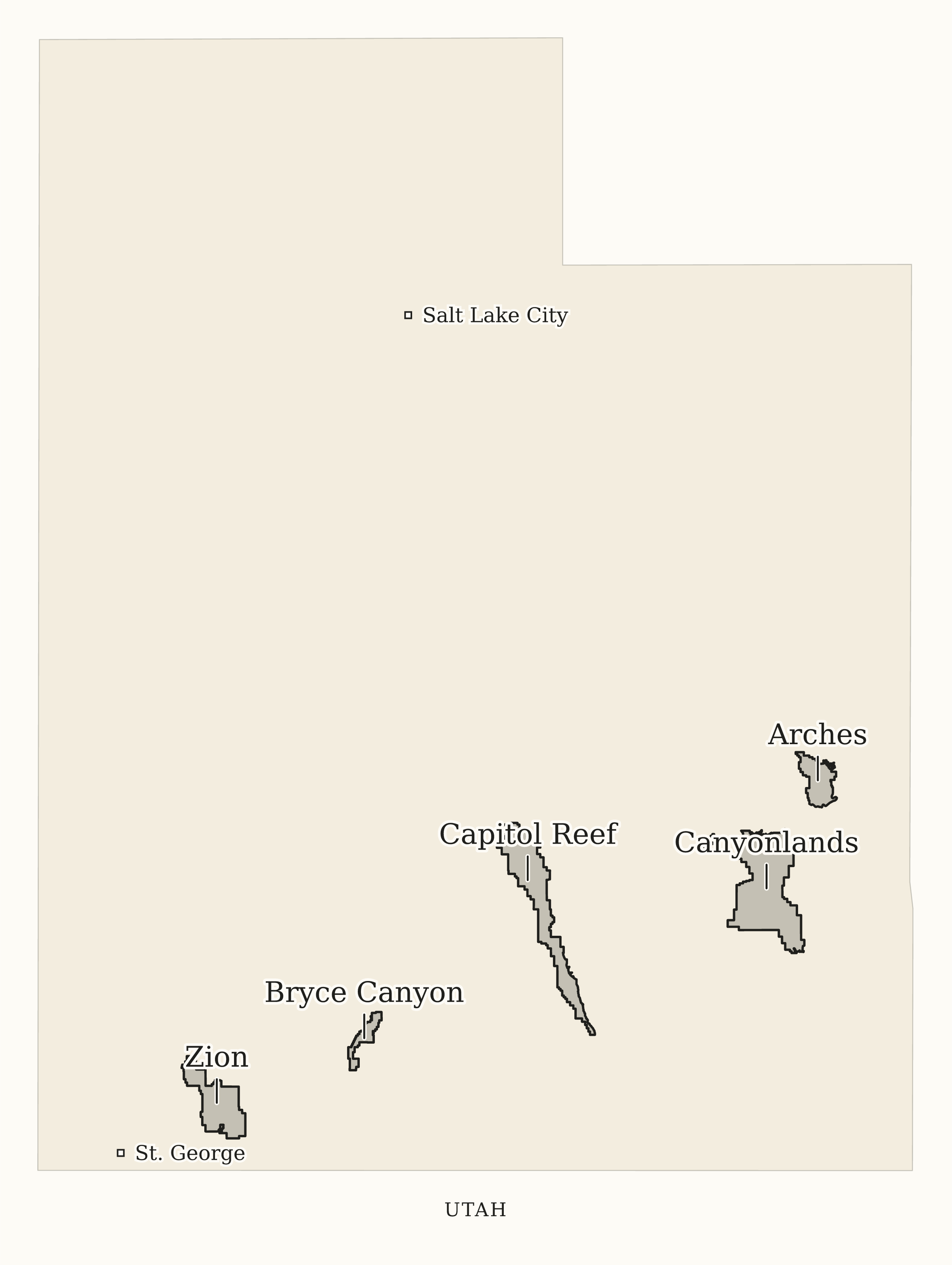 Utah National Parks map: print-friendly map, showing 5 locations: Arches, Bryce Canyon, Canyonlands, Capitol Reef, Zion
