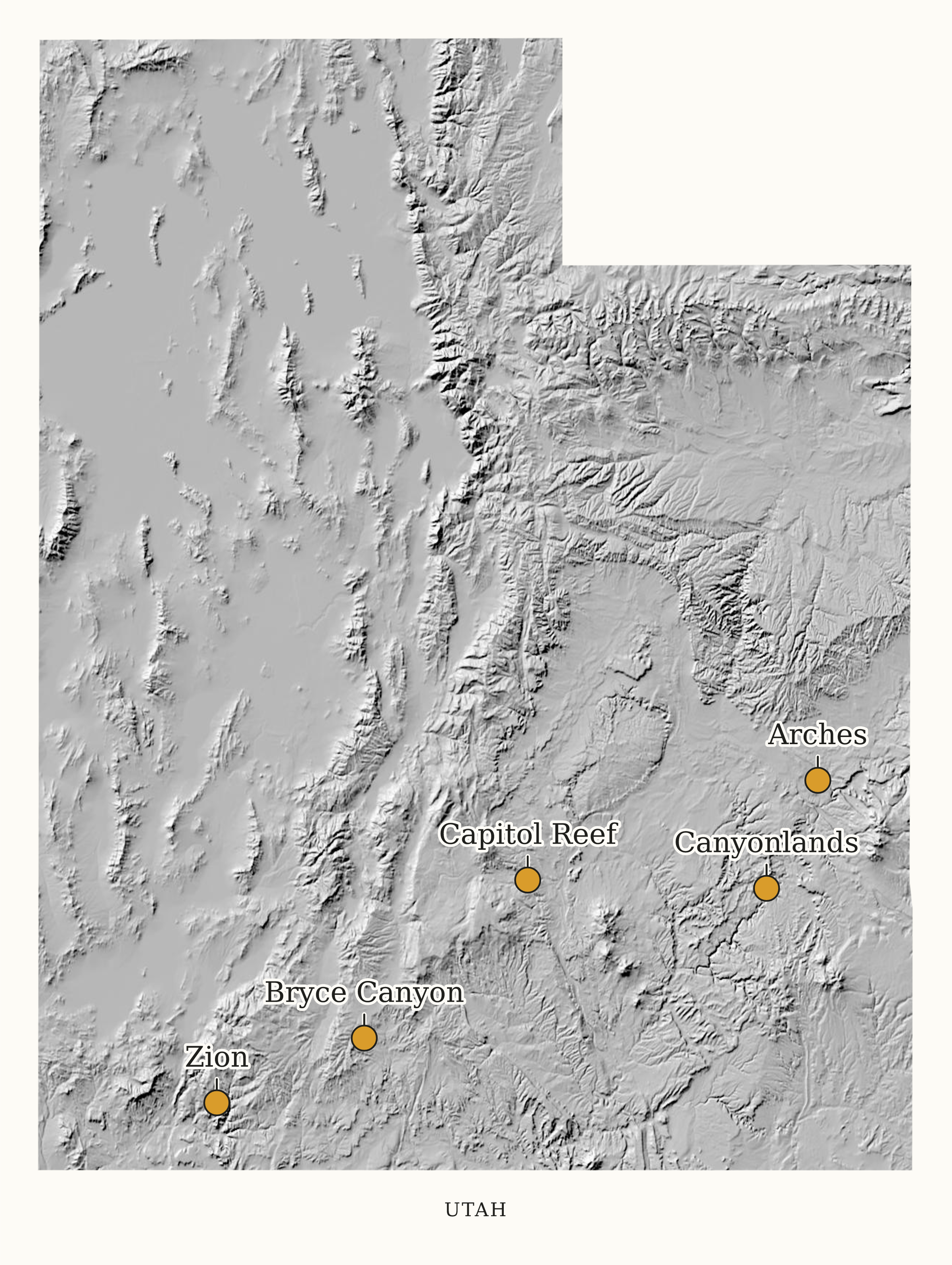 Utah National Parks map: shaded relief map, showing 5 locations: Arches, Bryce Canyon, Canyonlands, Capitol Reef, Zion
