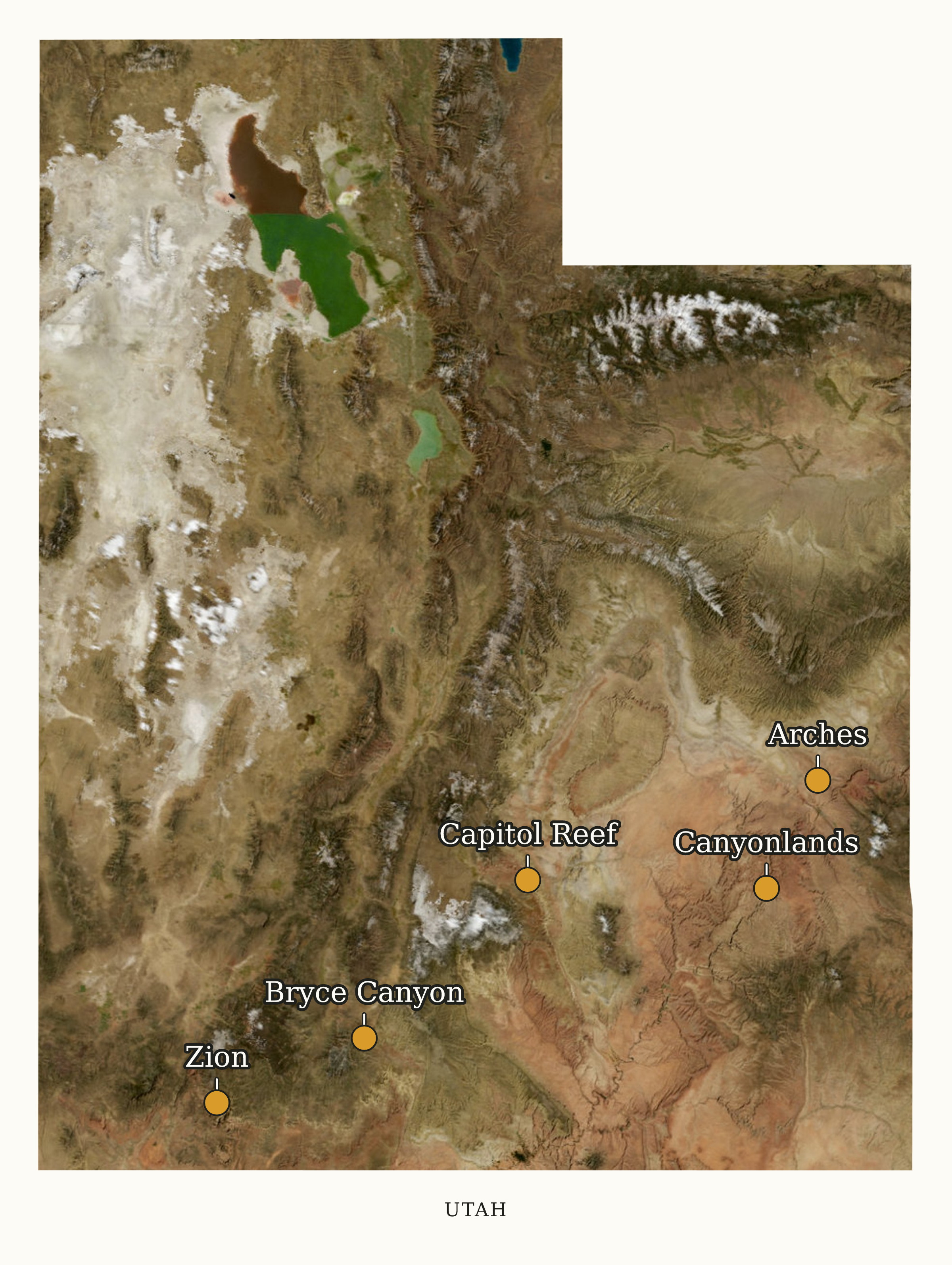 Utah National Parks map: labeled satellite map, showing 5 locations: Arches, Bryce Canyon, Canyonlands, Capitol Reef, Zion