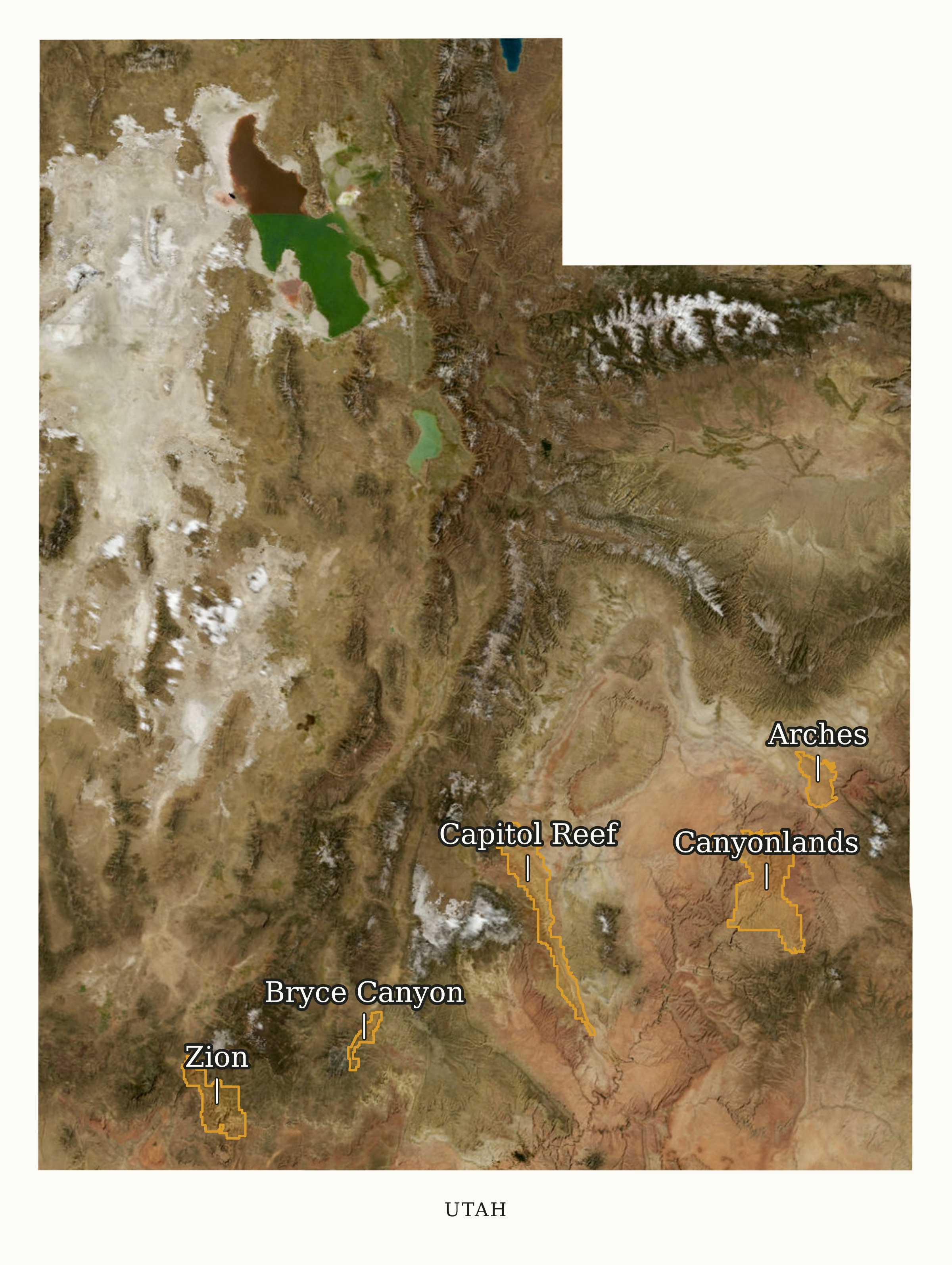 Utah National Parks map: labeled satellite map, showing 5 locations: Arches, Bryce Canyon, Canyonlands, Capitol Reef, Zion