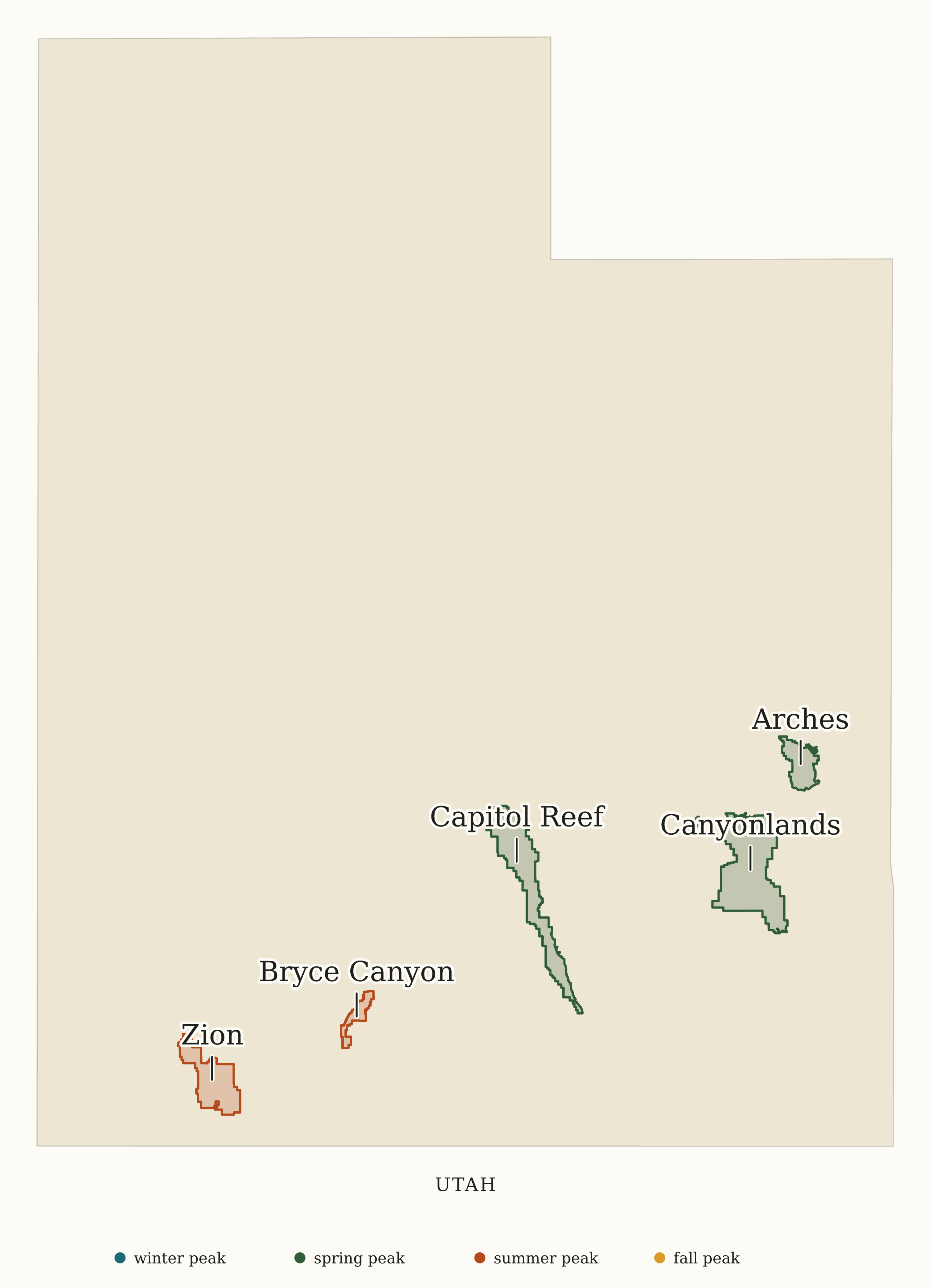 Utah National Parks map: busiest-season map, showing 5 locations: Arches, Bryce Canyon, Canyonlands, Capitol Reef, Zion