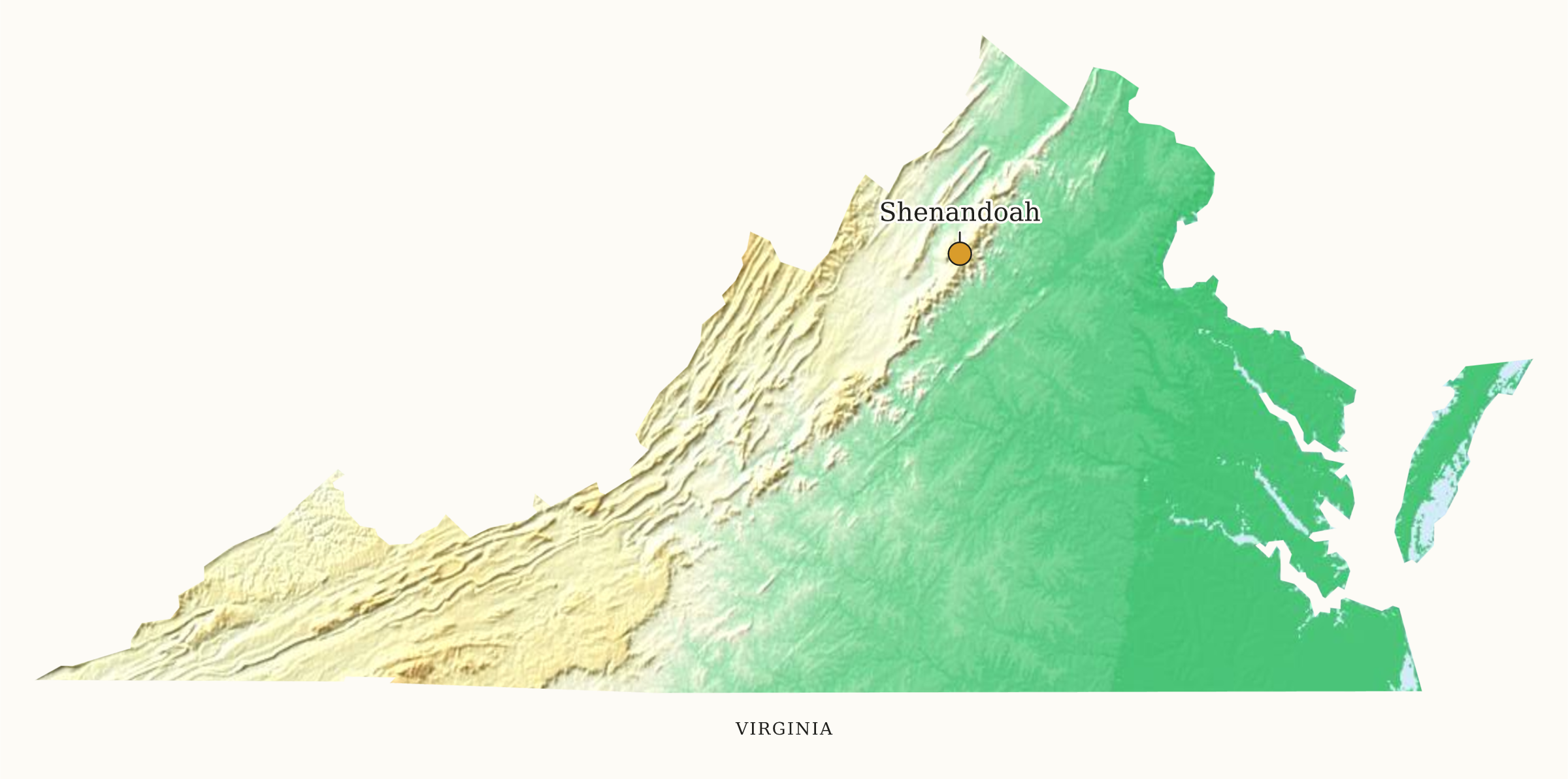 Virginia National Parks map: elevation tint map, showing 1 locations: Shenandoah