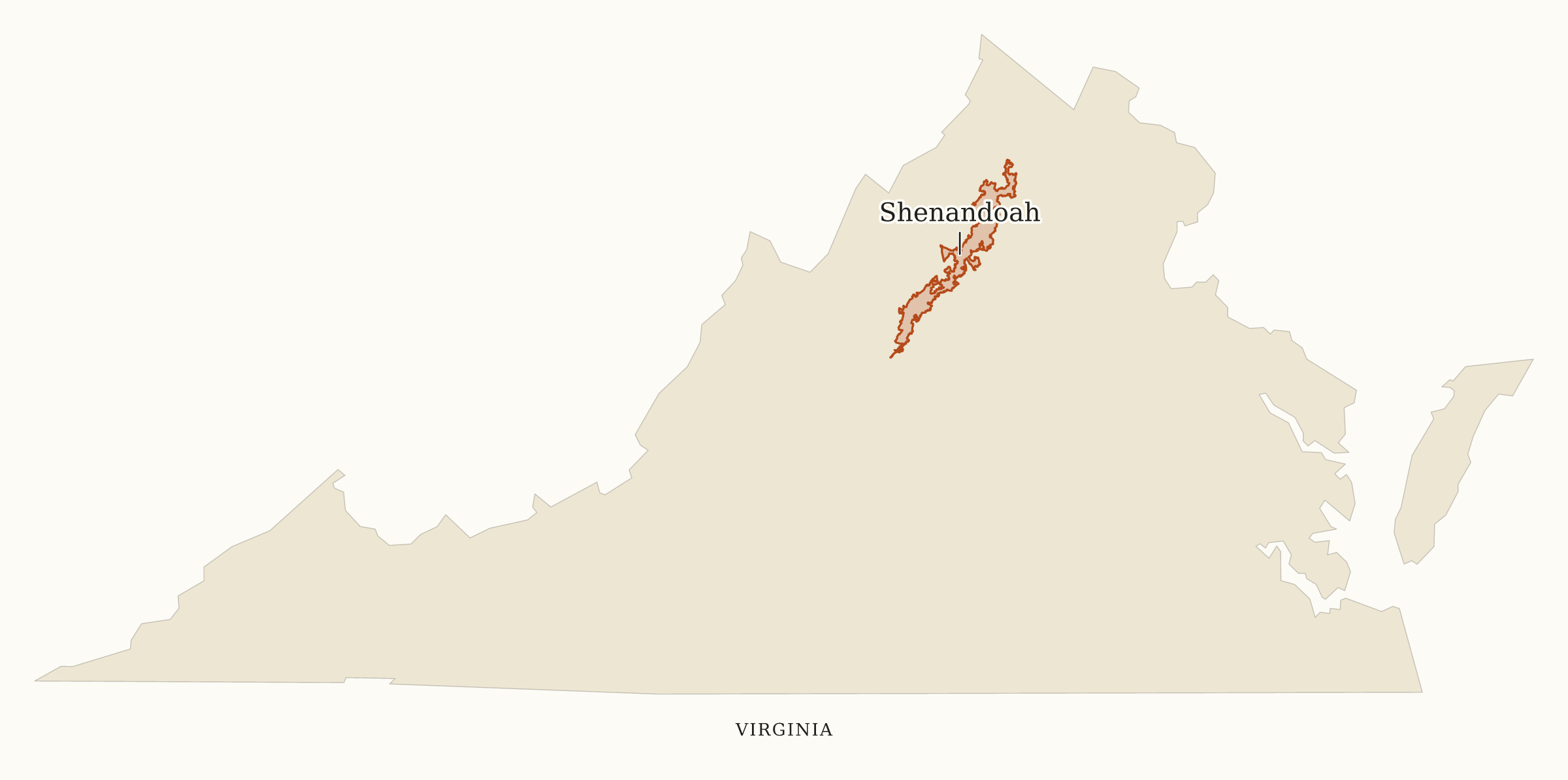 Virginia National Parks map: map with place names, showing 1 locations: Shenandoah