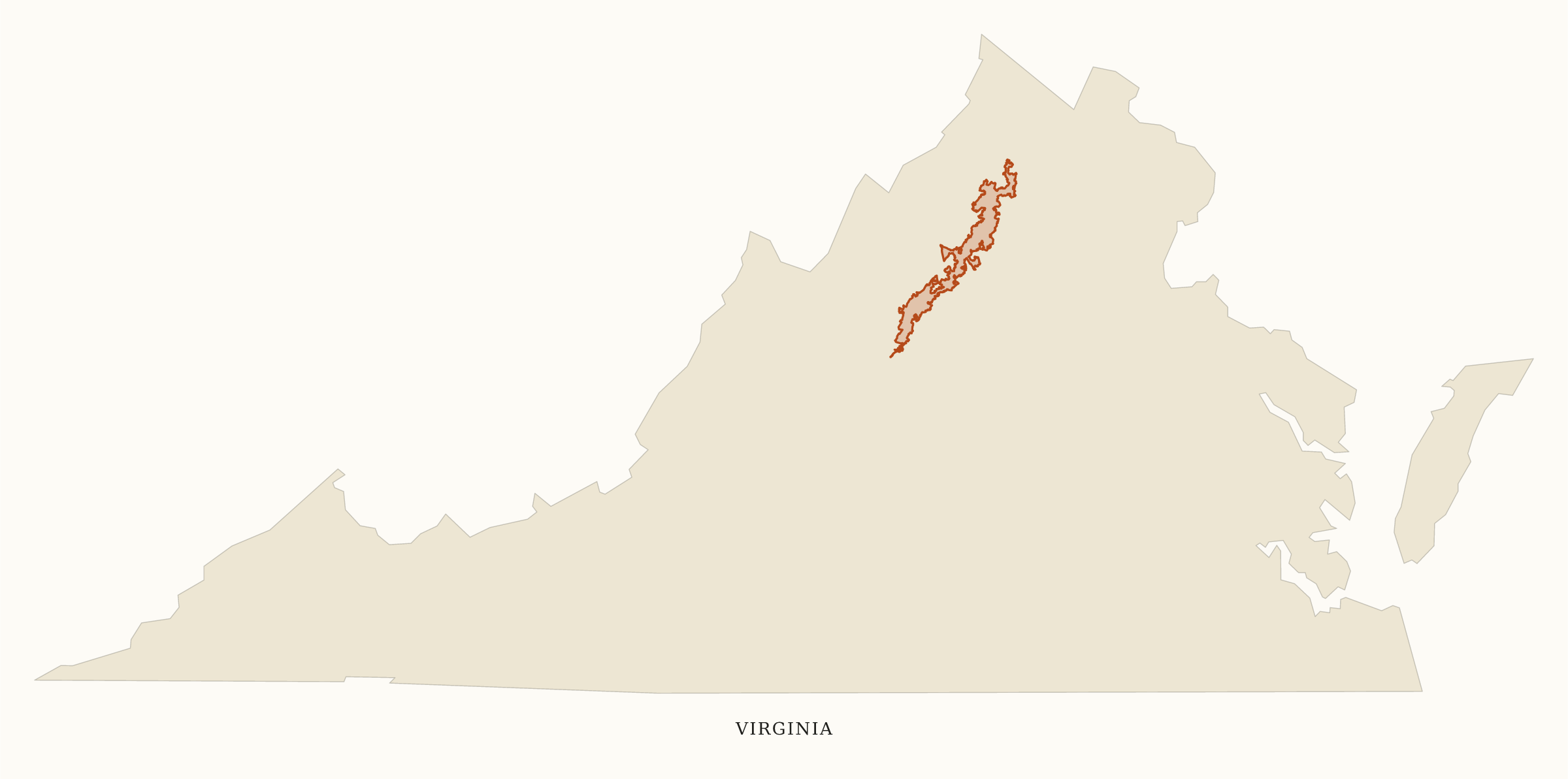 Virginia National Parks map: clean area map, showing 1 locations: Shenandoah