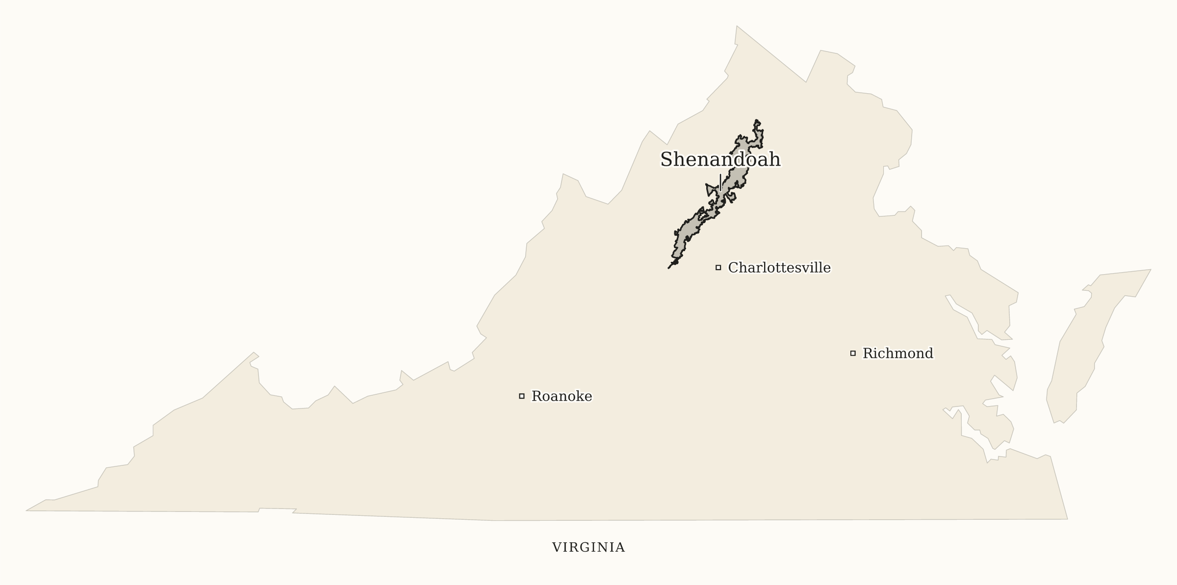 Virginia National Parks map: print-friendly map, showing 1 locations: Shenandoah