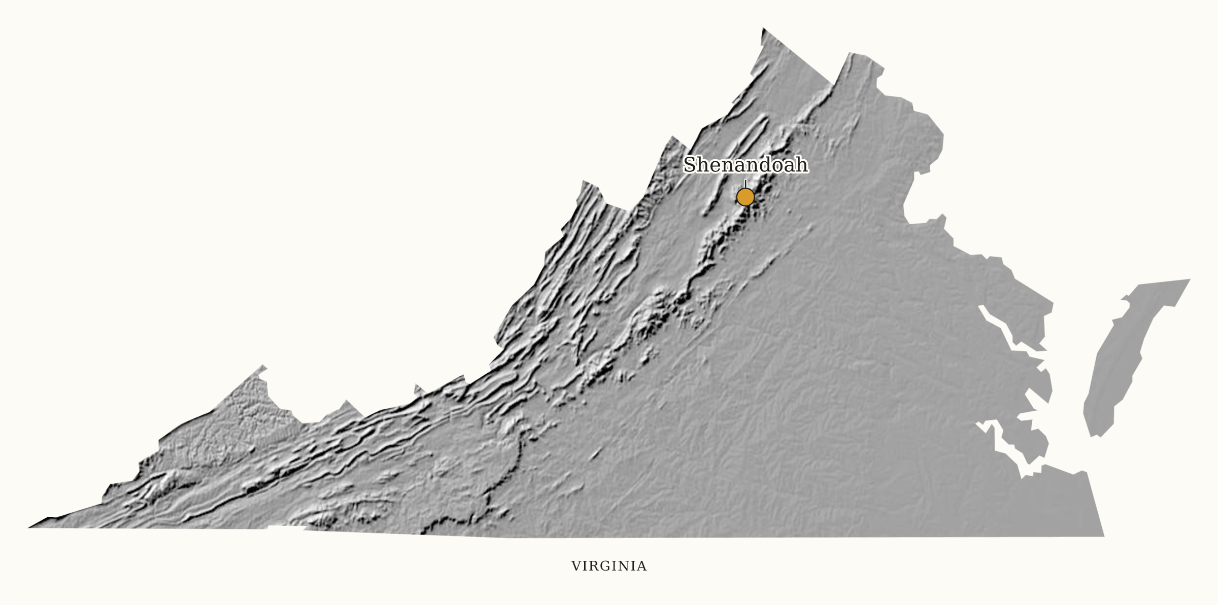 Virginia National Parks map: shaded relief map, showing 1 locations: Shenandoah