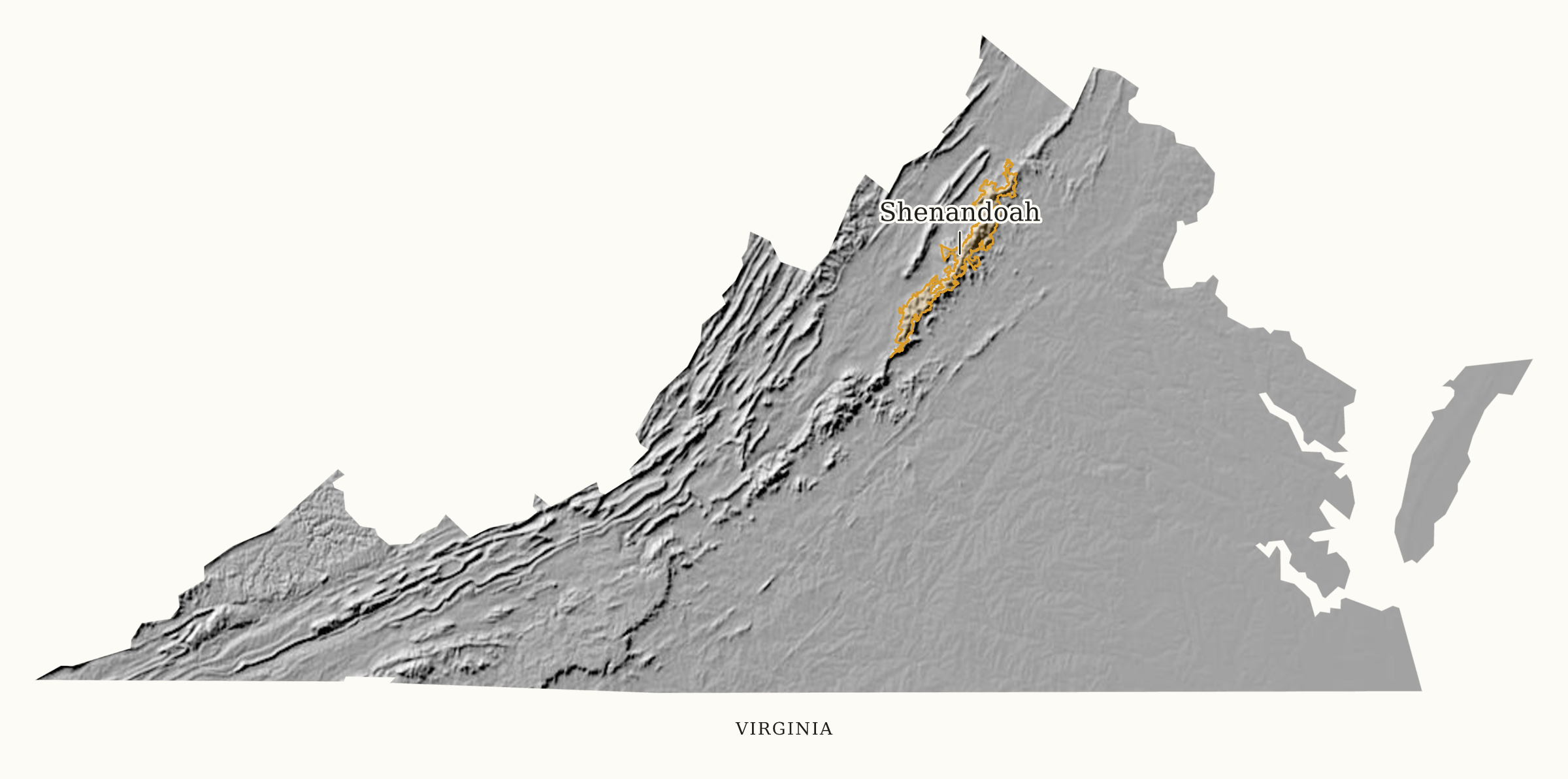 Virginia National Parks map: shaded relief map, showing 1 locations: Shenandoah