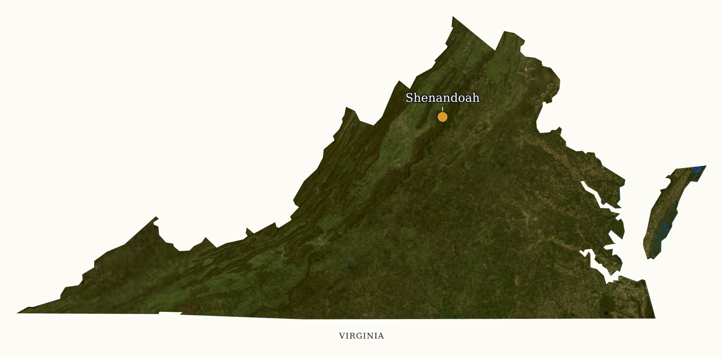 Virginia National Parks map: labeled satellite map, showing 1 locations: Shenandoah