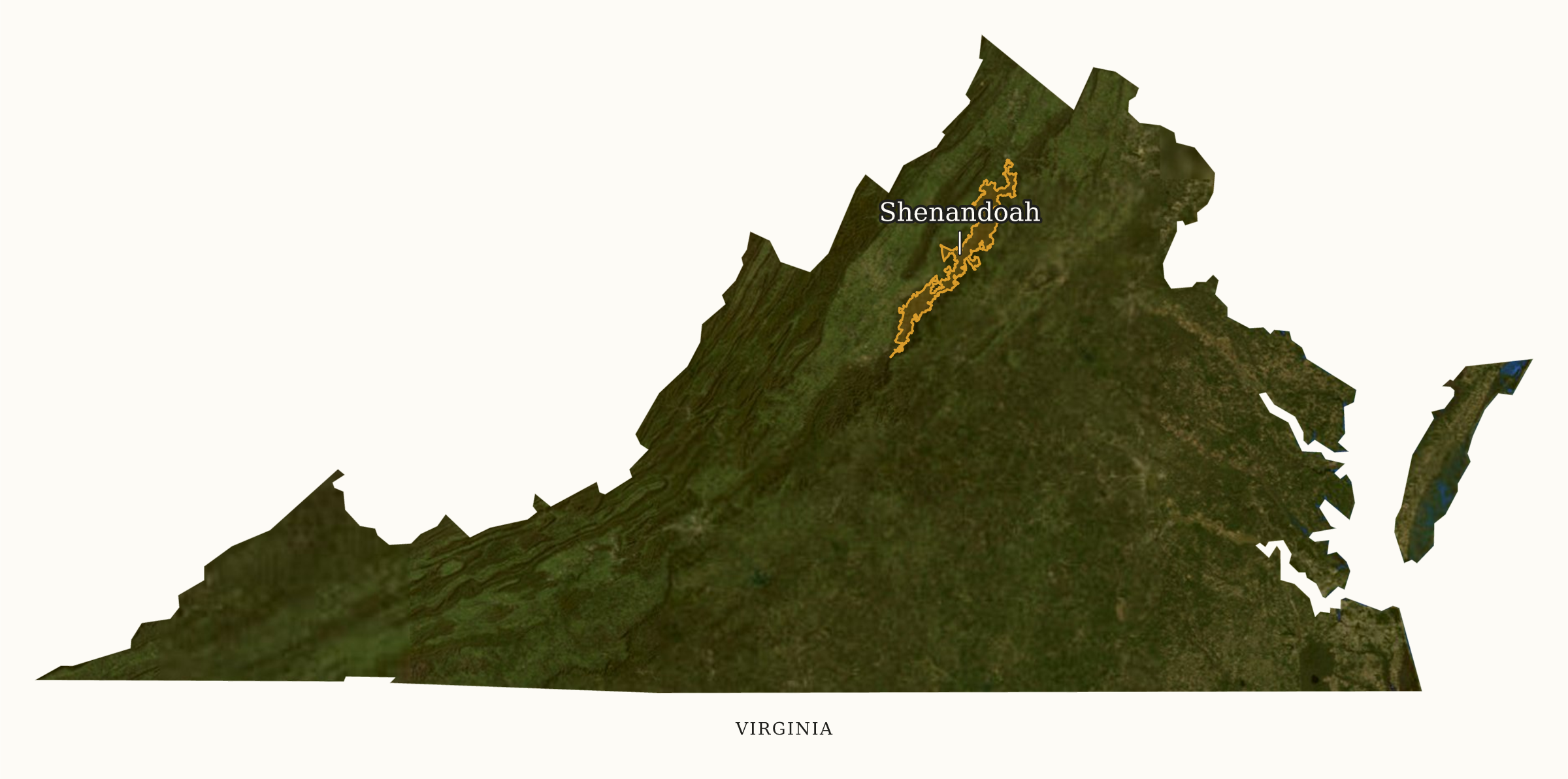 Virginia National Parks map: labeled satellite map, showing 1 locations: Shenandoah