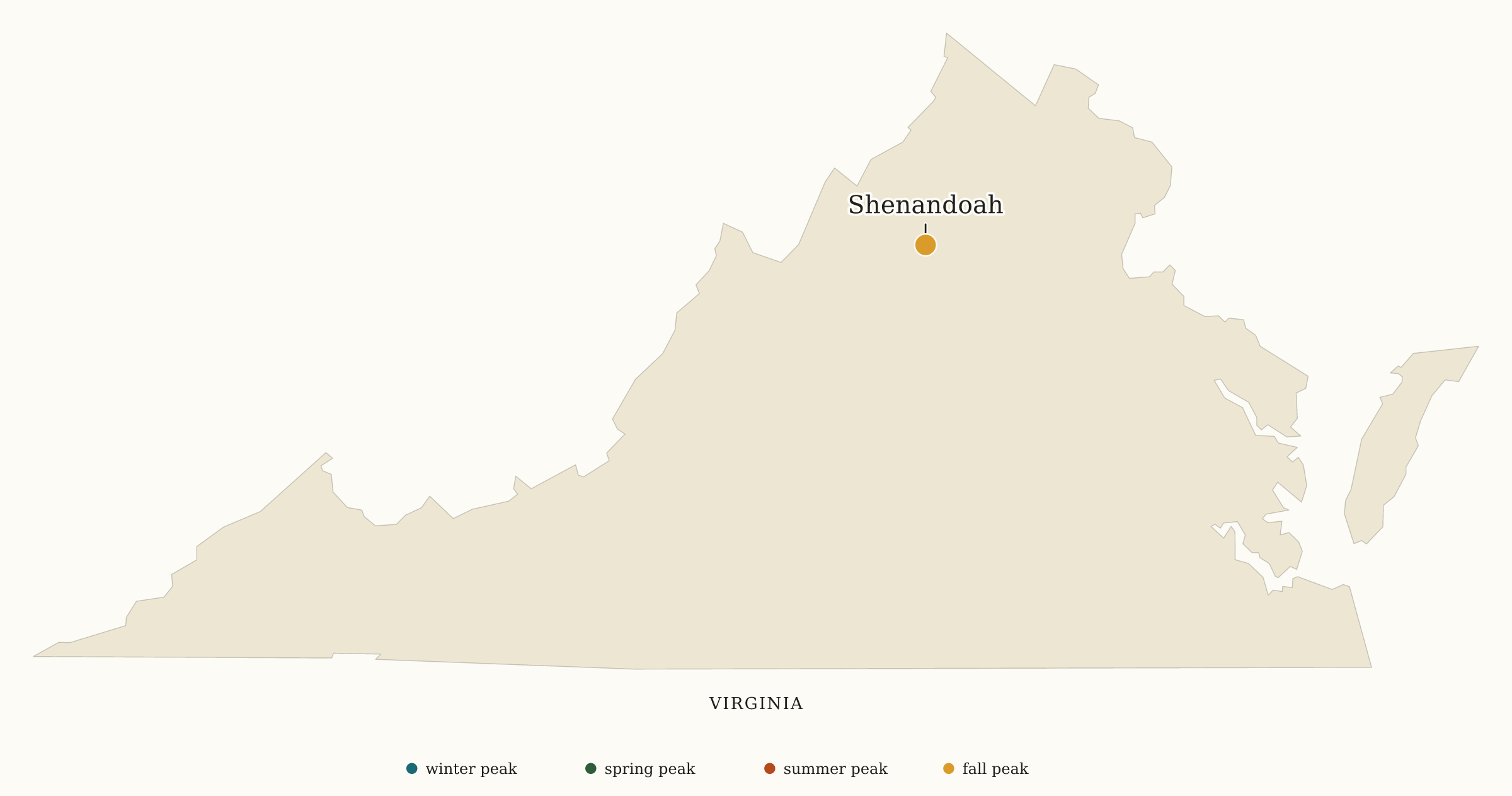 Virginia National Parks map: busiest-season map, showing 1 locations: Shenandoah