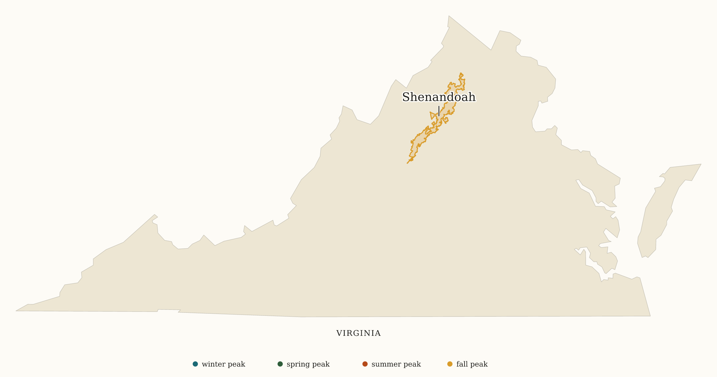 Virginia National Parks map: busiest-season map, showing 1 locations: Shenandoah