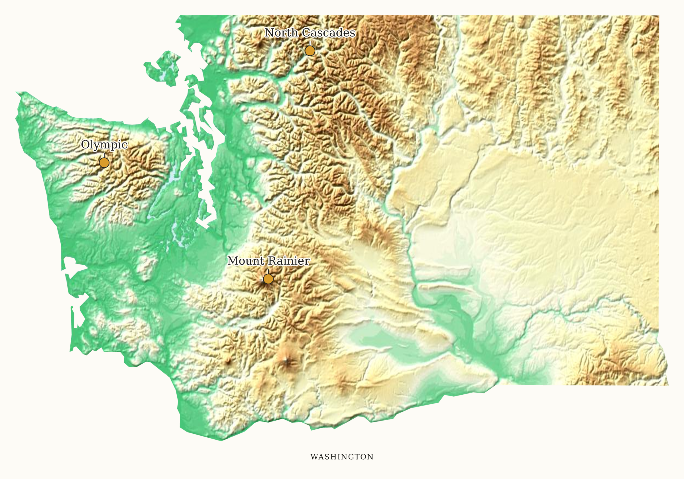 Washington National Parks map: elevation tint map, showing 3 locations: Mount Rainier, North Cascades, Olympic