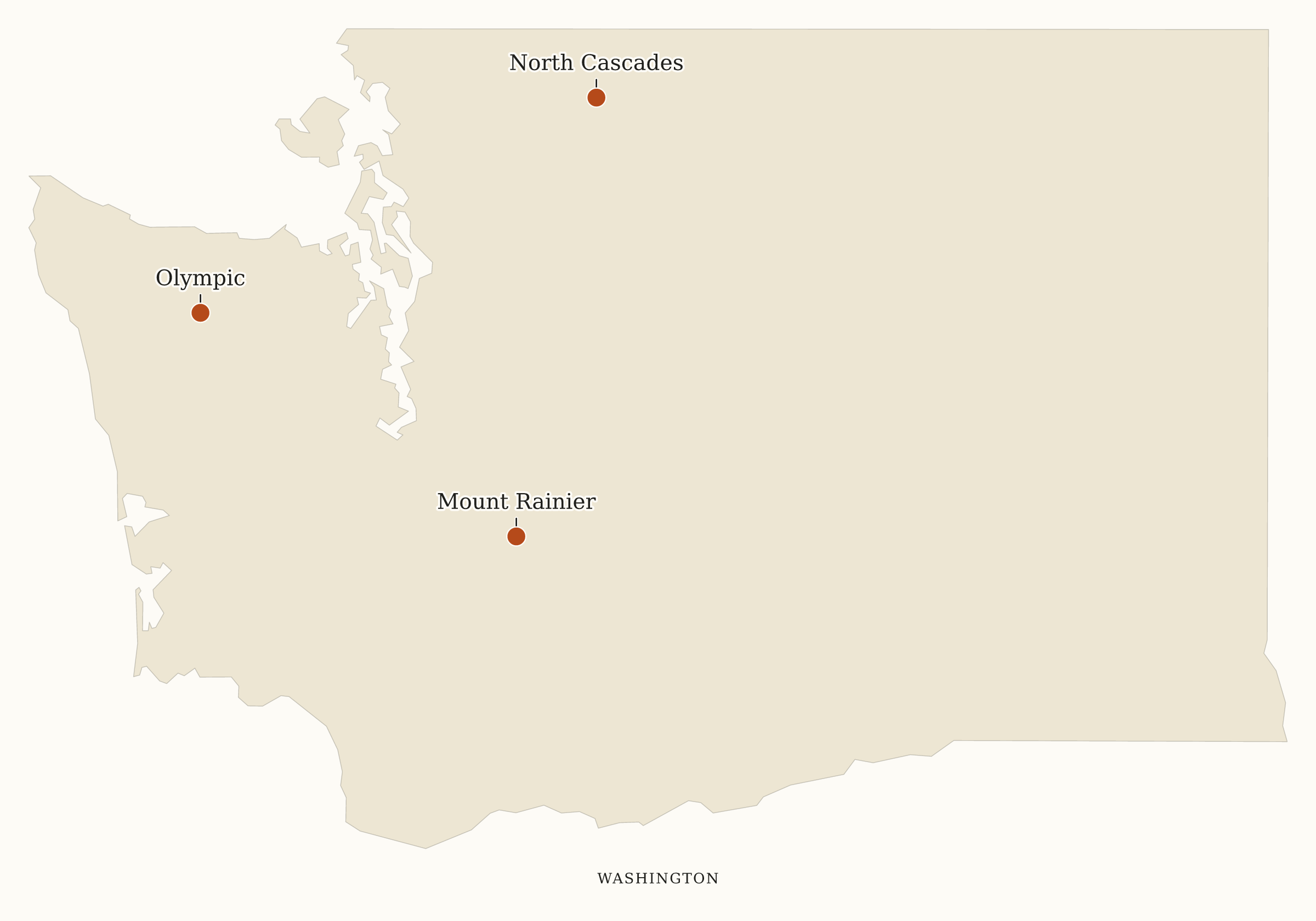 Washington National Parks map: map with place names, showing 3 locations: Mount Rainier, North Cascades, Olympic