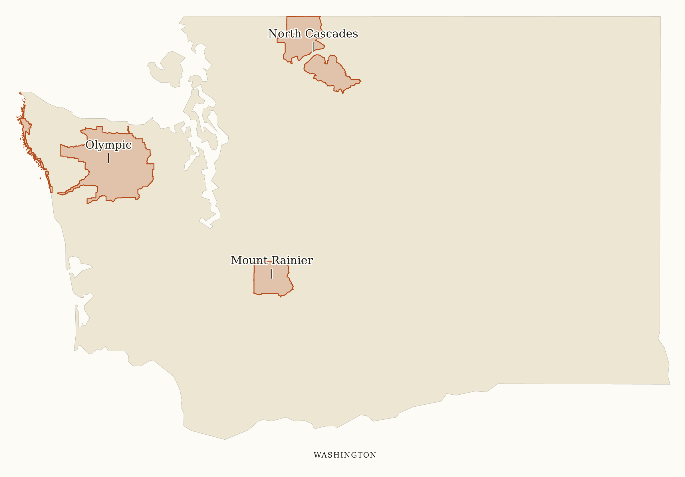 Washington National Parks map: map with place names, showing 3 locations: Mount Rainier, North Cascades, Olympic
