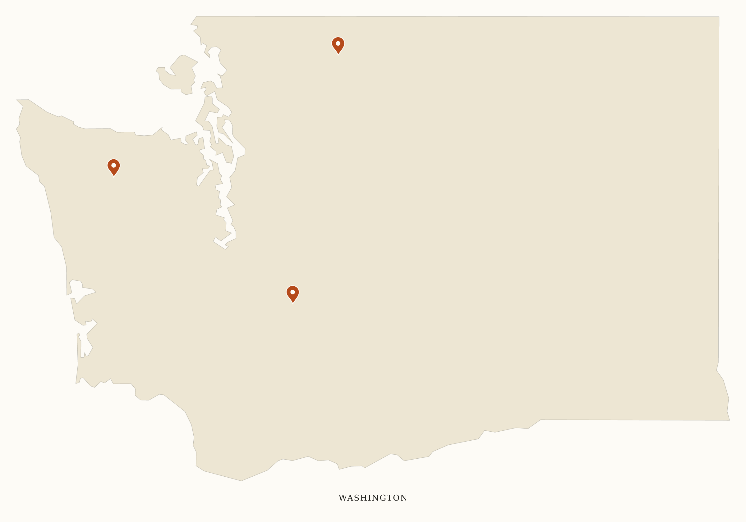 Washington National Parks map: clean pin map, showing 3 locations: Mount Rainier, North Cascades, Olympic