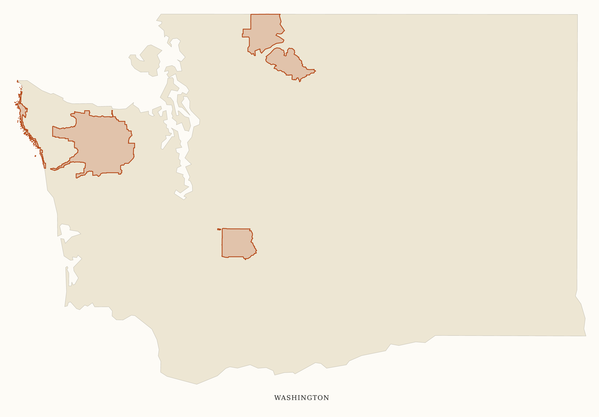 Washington National Parks map: clean area map, showing 3 locations: Mount Rainier, North Cascades, Olympic