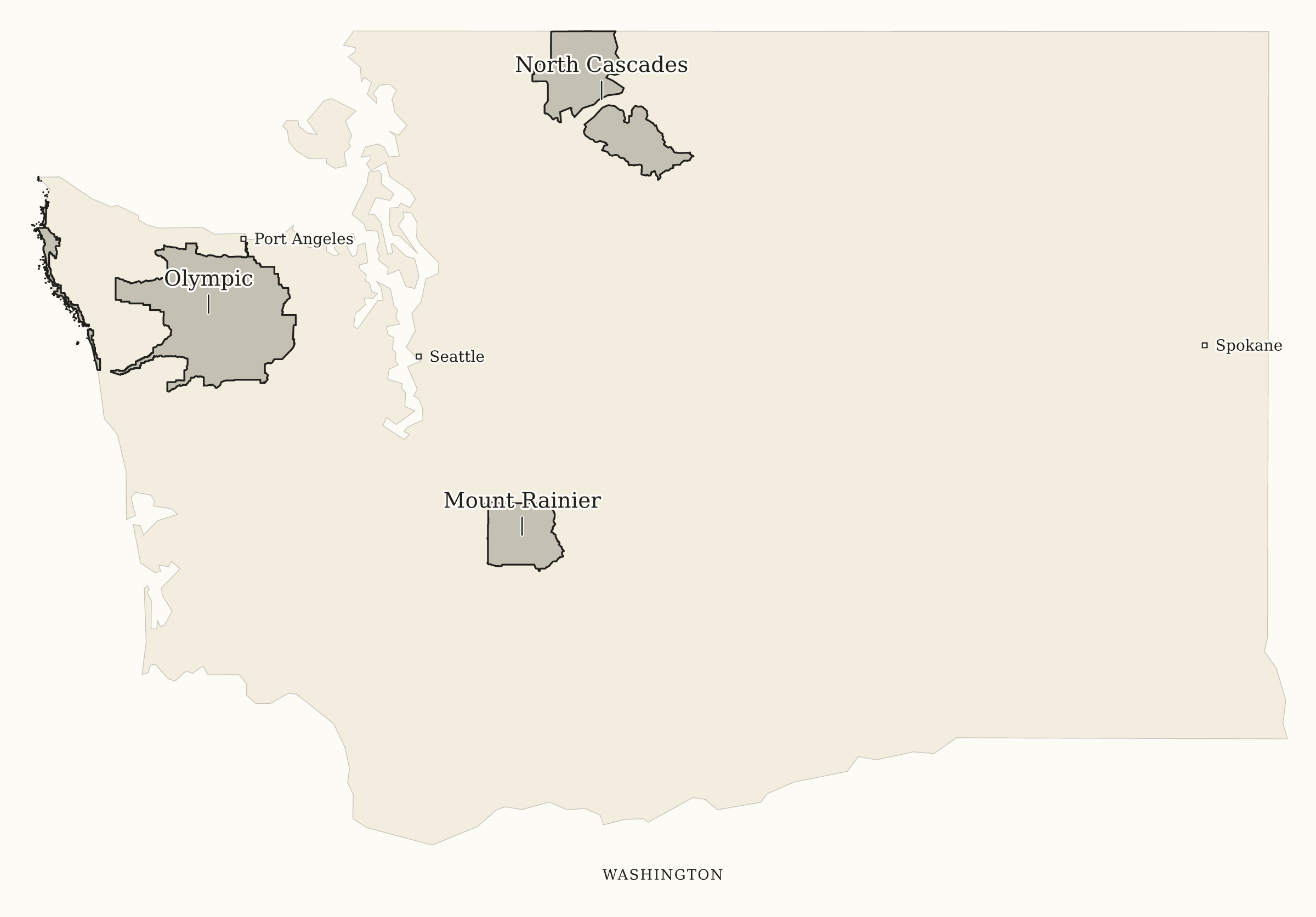 Washington National Parks map: print-friendly map, showing 3 locations: Mount Rainier, North Cascades, Olympic