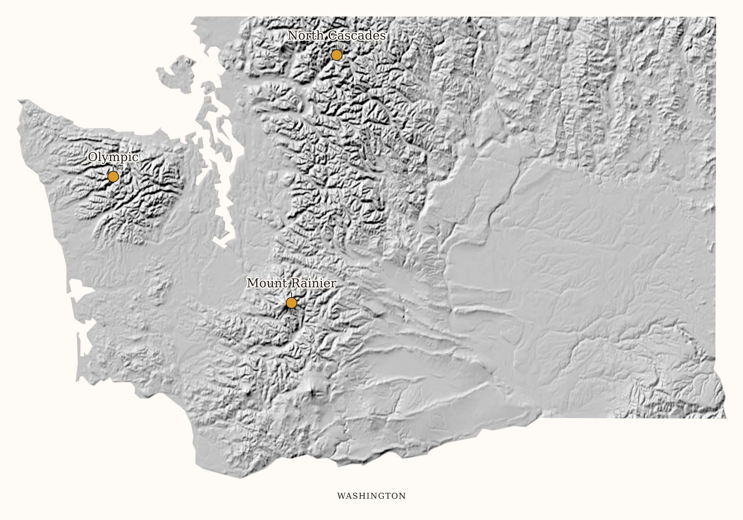 Washington National Parks map: shaded relief map, showing 3 locations: Mount Rainier, North Cascades, Olympic