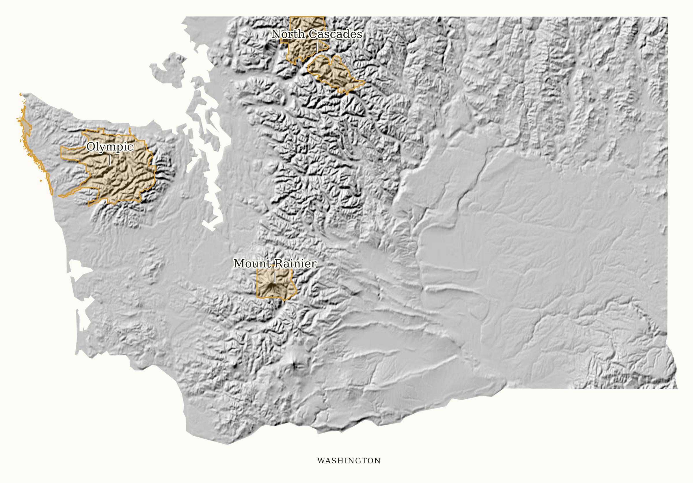 Washington National Parks map: shaded relief map, showing 3 locations: Mount Rainier, North Cascades, Olympic