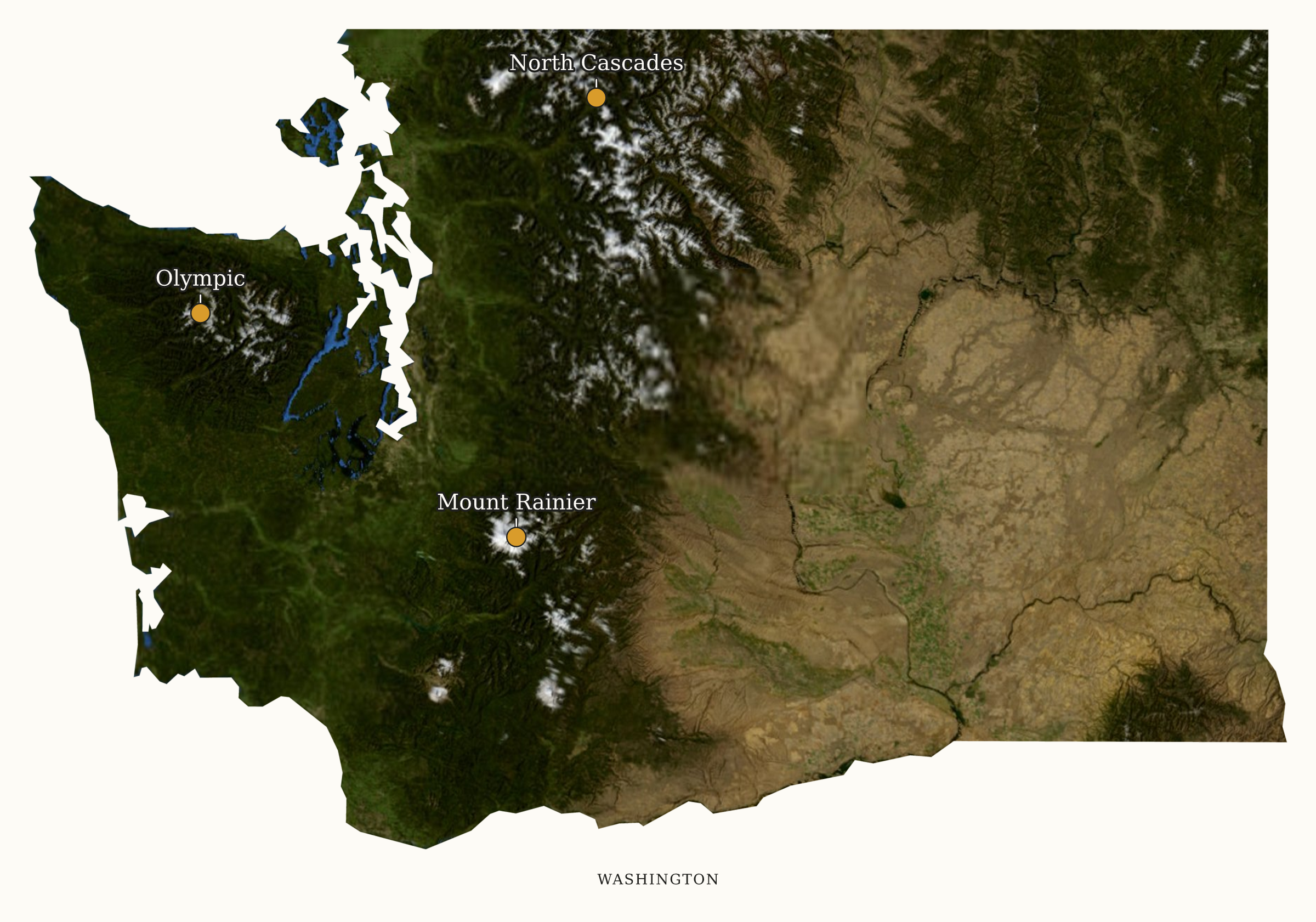 Washington National Parks map: labeled satellite map, showing 3 locations: Mount Rainier, North Cascades, Olympic