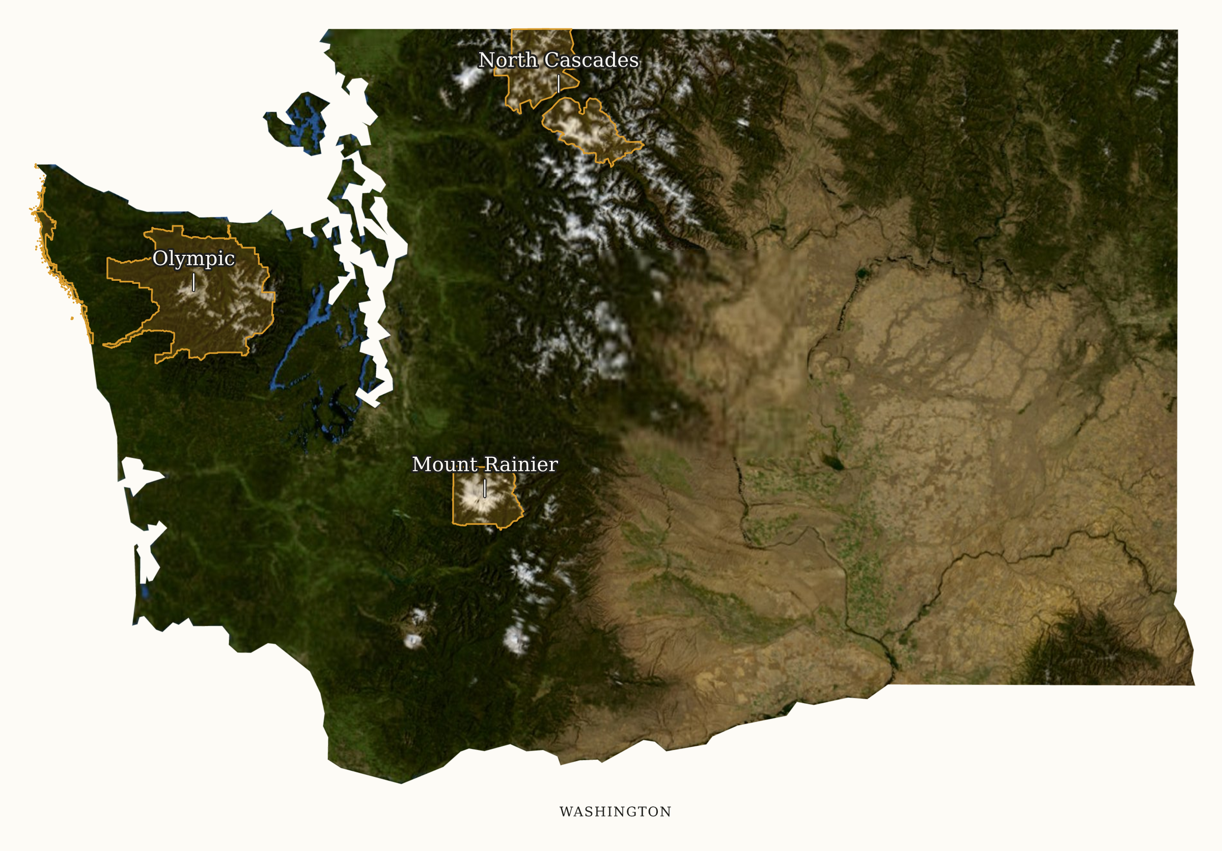 Washington National Parks map: labeled satellite map, showing 3 locations: Mount Rainier, North Cascades, Olympic