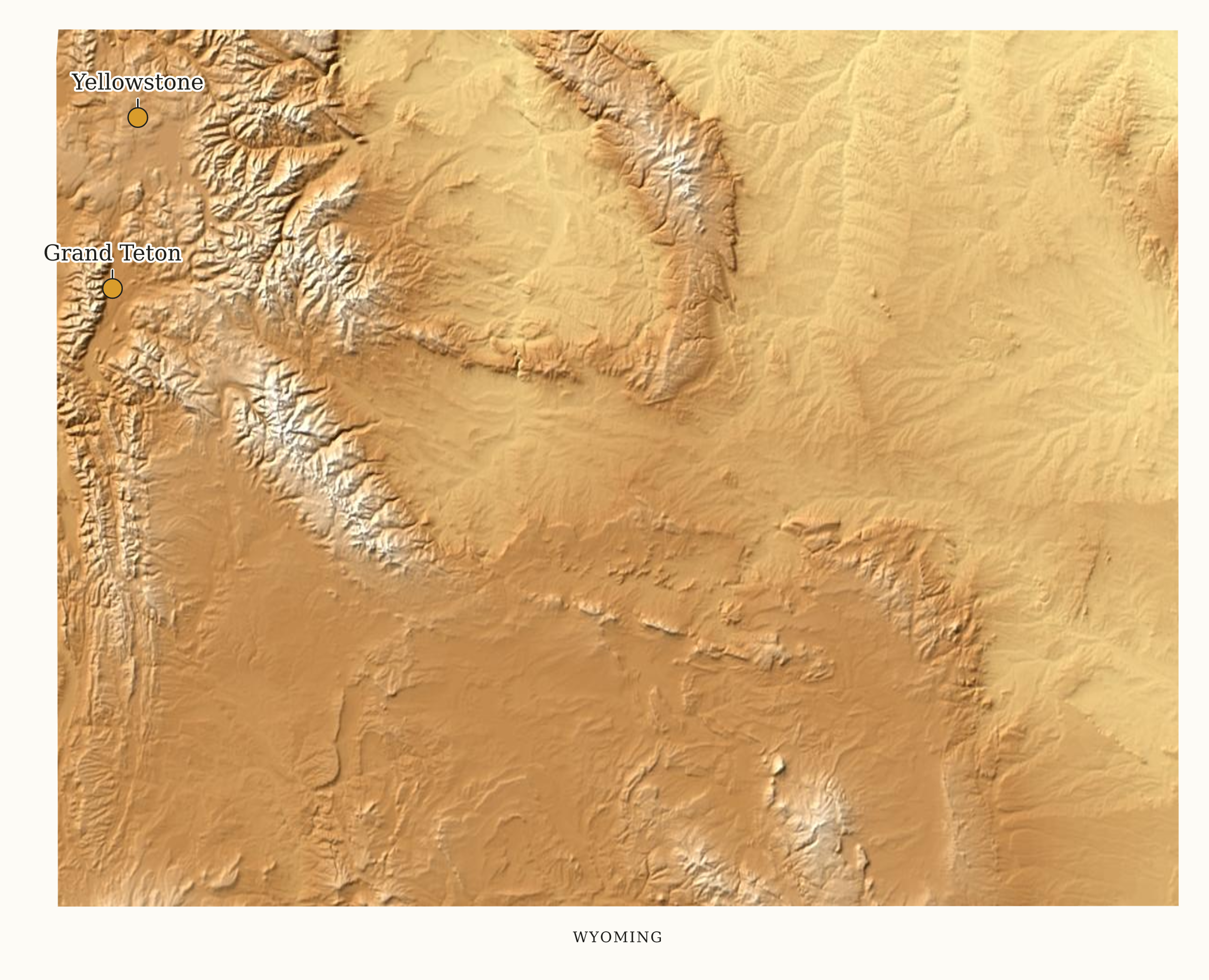 Wyoming National Parks map: elevation tint map, showing 2 locations: Grand Teton, Yellowstone