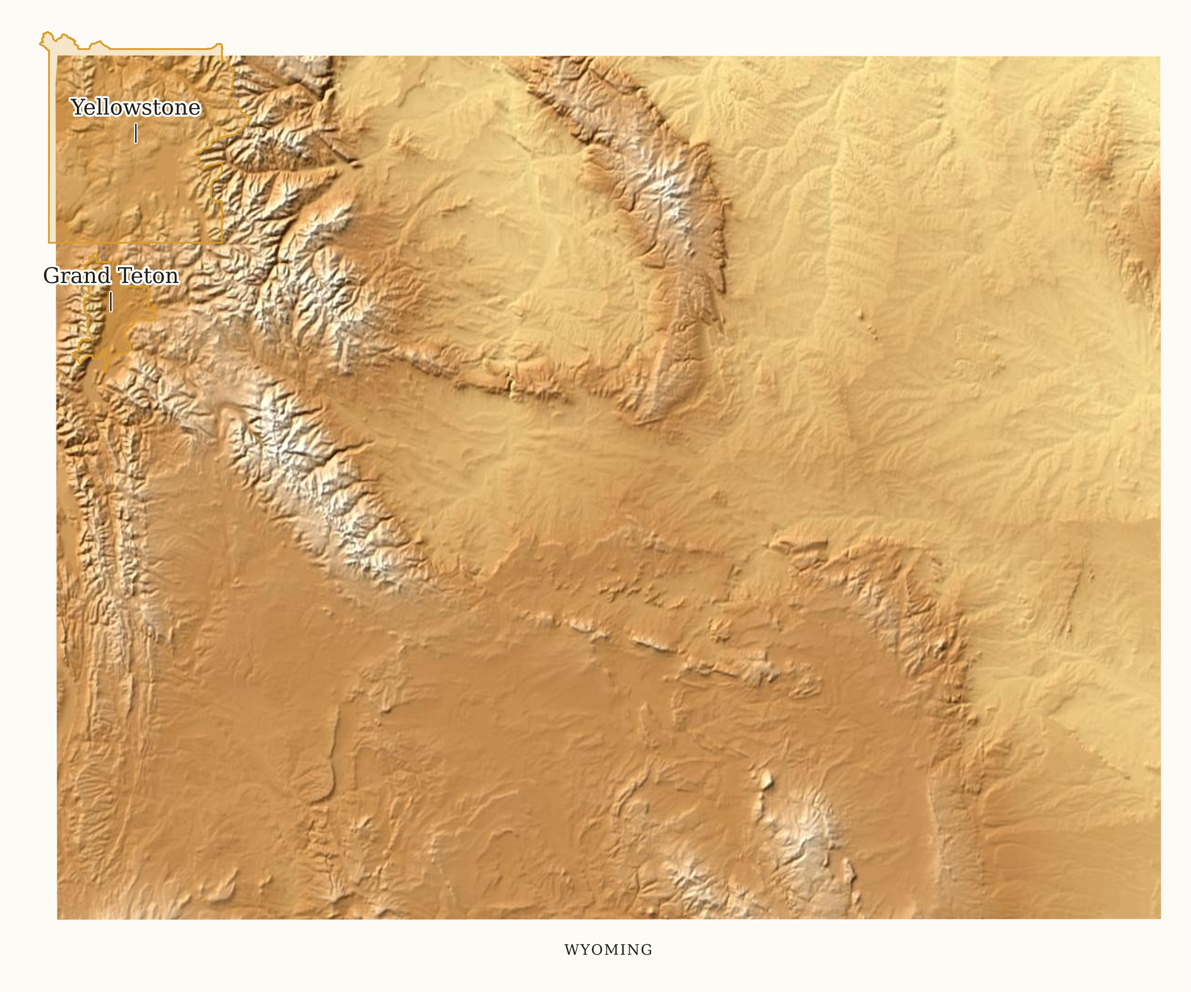 Wyoming National Parks map: elevation tint map, showing 2 locations: Grand Teton, Yellowstone
