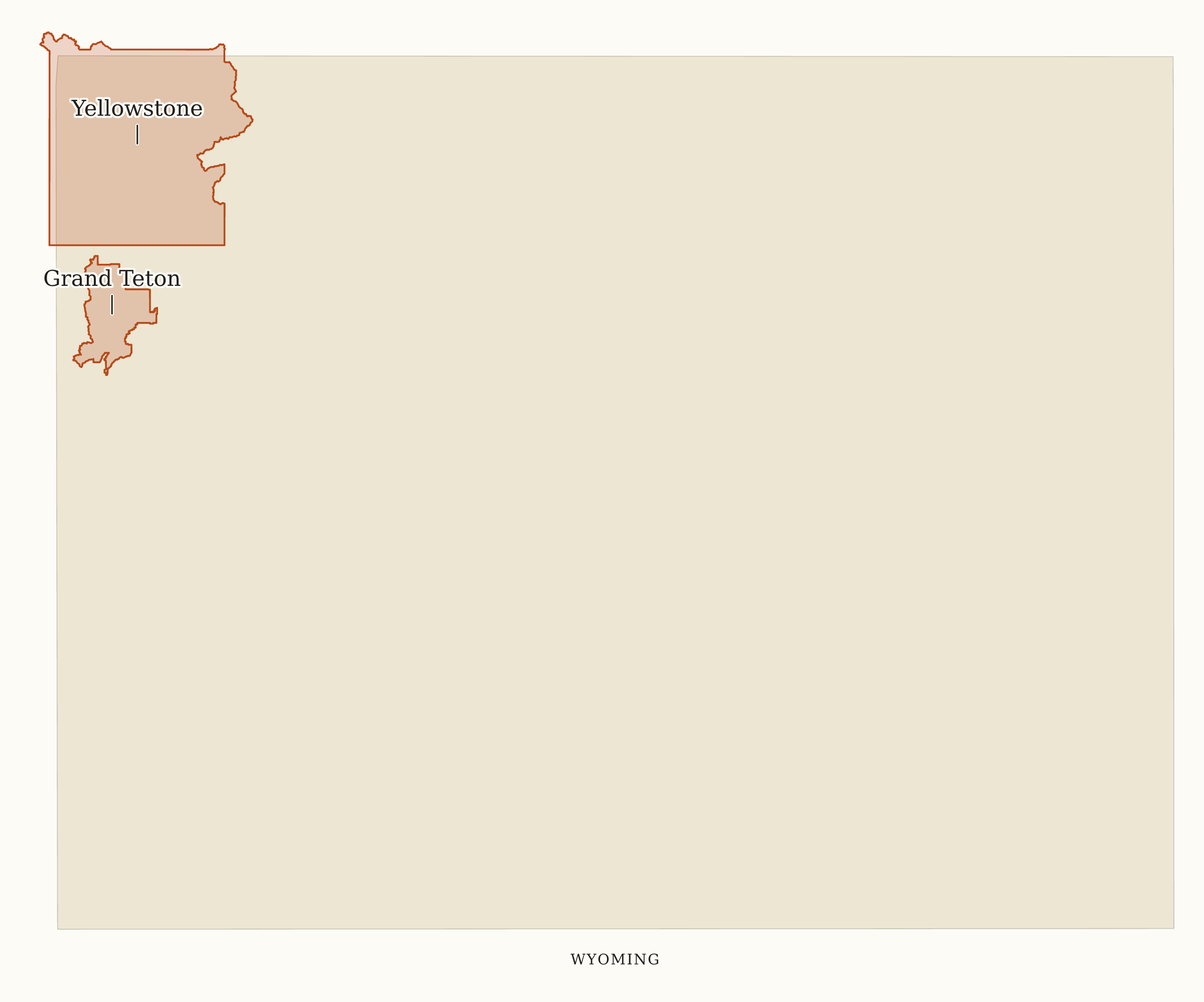 Wyoming National Parks map: map with place names, showing 2 locations: Grand Teton, Yellowstone