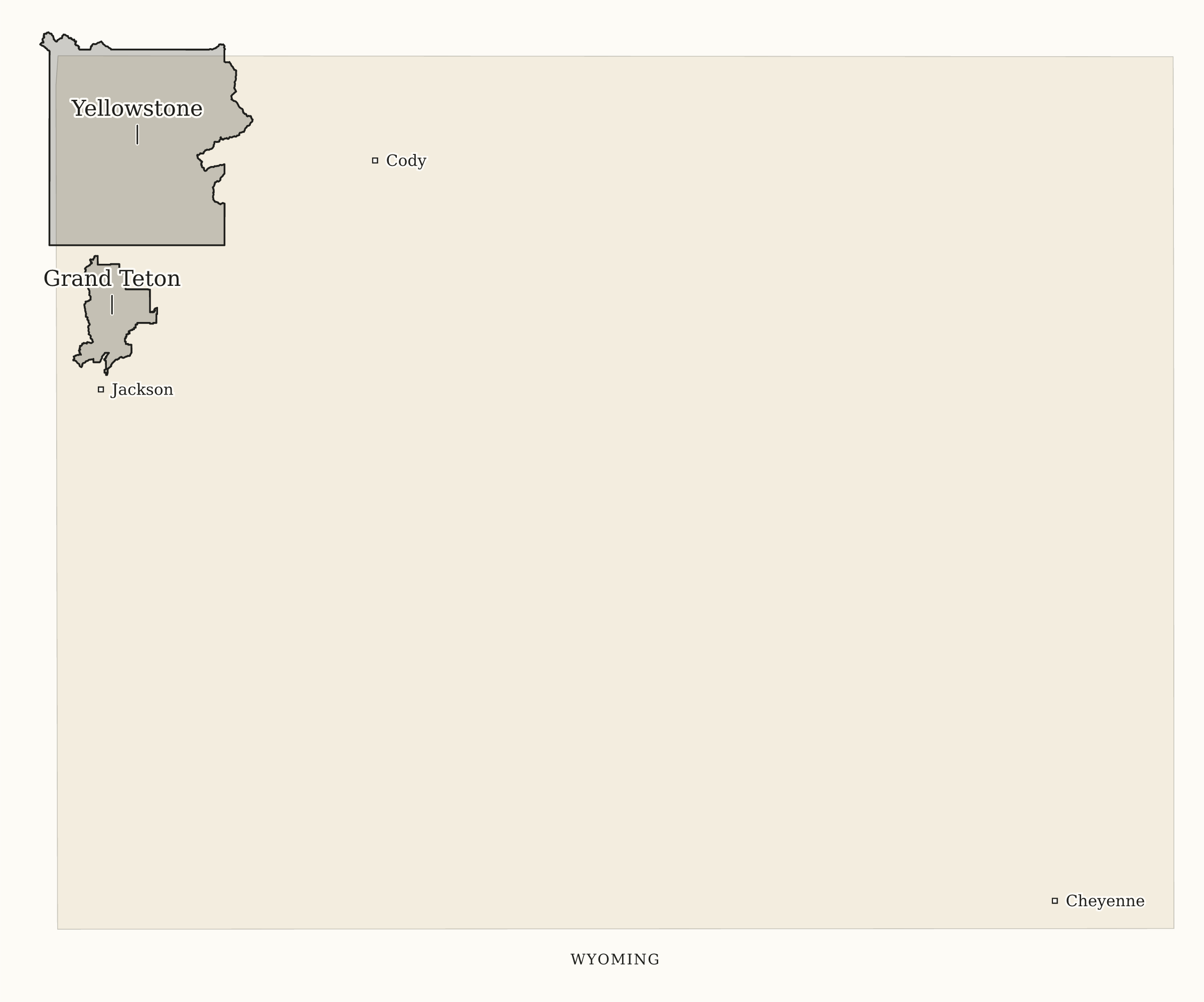 Wyoming National Parks map: print-friendly map, showing 2 locations: Grand Teton, Yellowstone