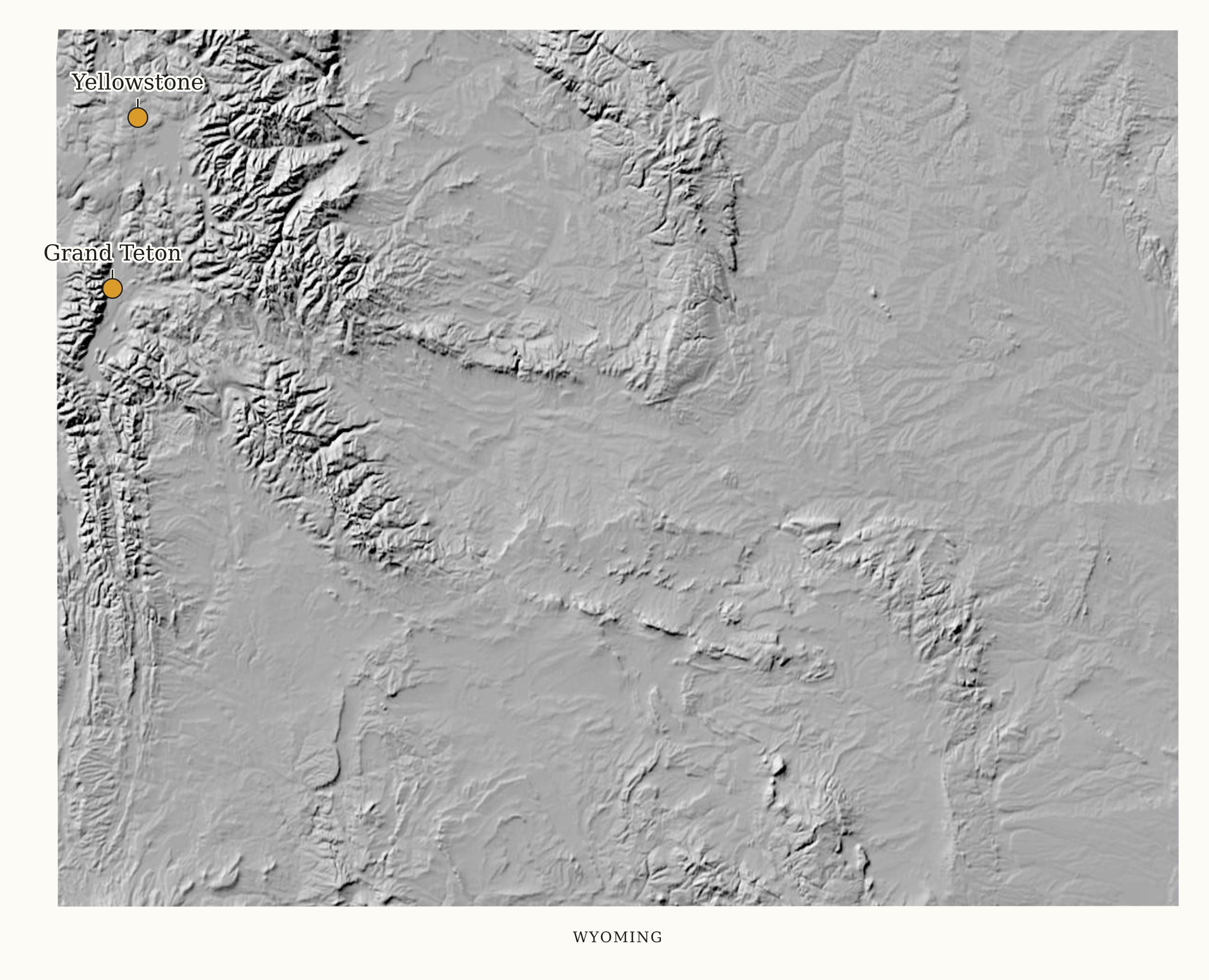 Wyoming National Parks map: shaded relief map, showing 2 locations: Grand Teton, Yellowstone