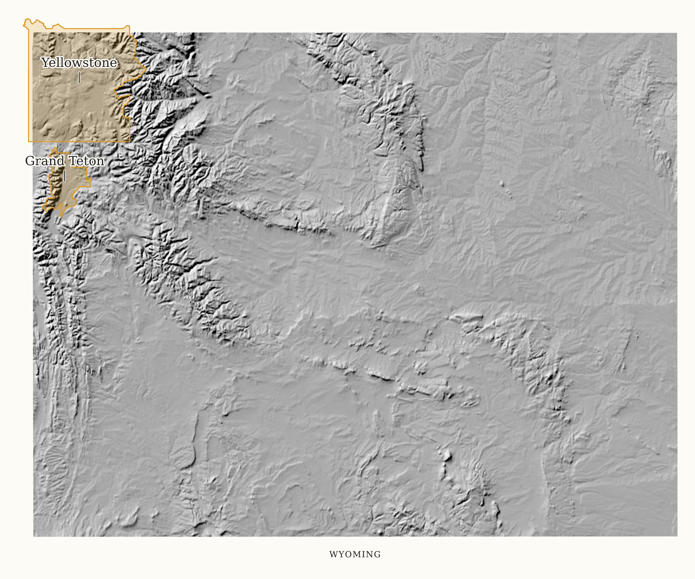 Wyoming National Parks map: shaded relief map, showing 2 locations: Grand Teton, Yellowstone