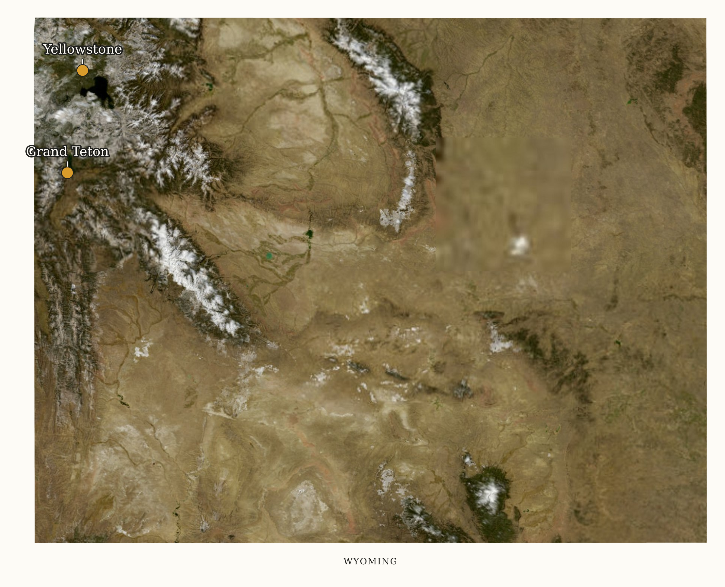 Wyoming National Parks map: labeled satellite map, showing 2 locations: Grand Teton, Yellowstone