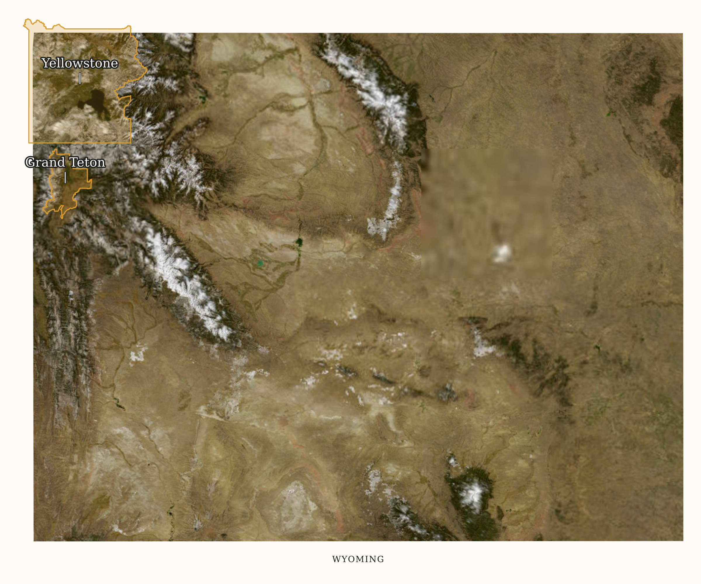Wyoming National Parks map: labeled satellite map, showing 2 locations: Grand Teton, Yellowstone