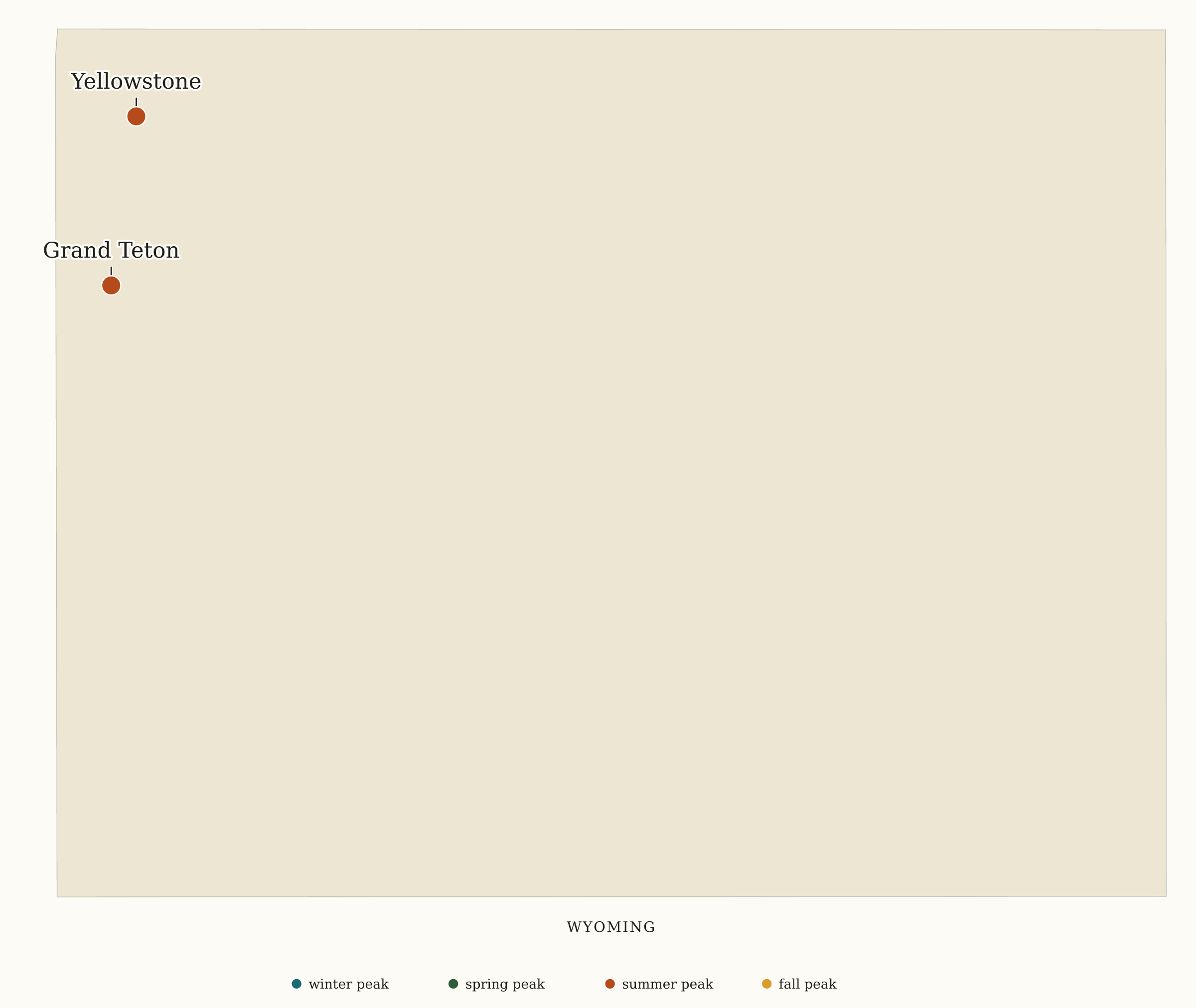 Wyoming National Parks map: busiest-season map, showing 2 locations: Grand Teton, Yellowstone