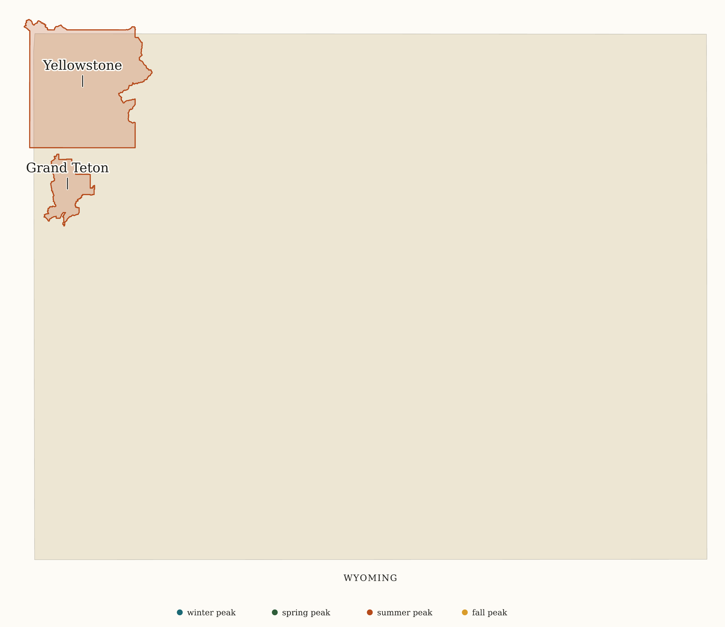 Wyoming National Parks map: busiest-season map, showing 2 locations: Grand Teton, Yellowstone